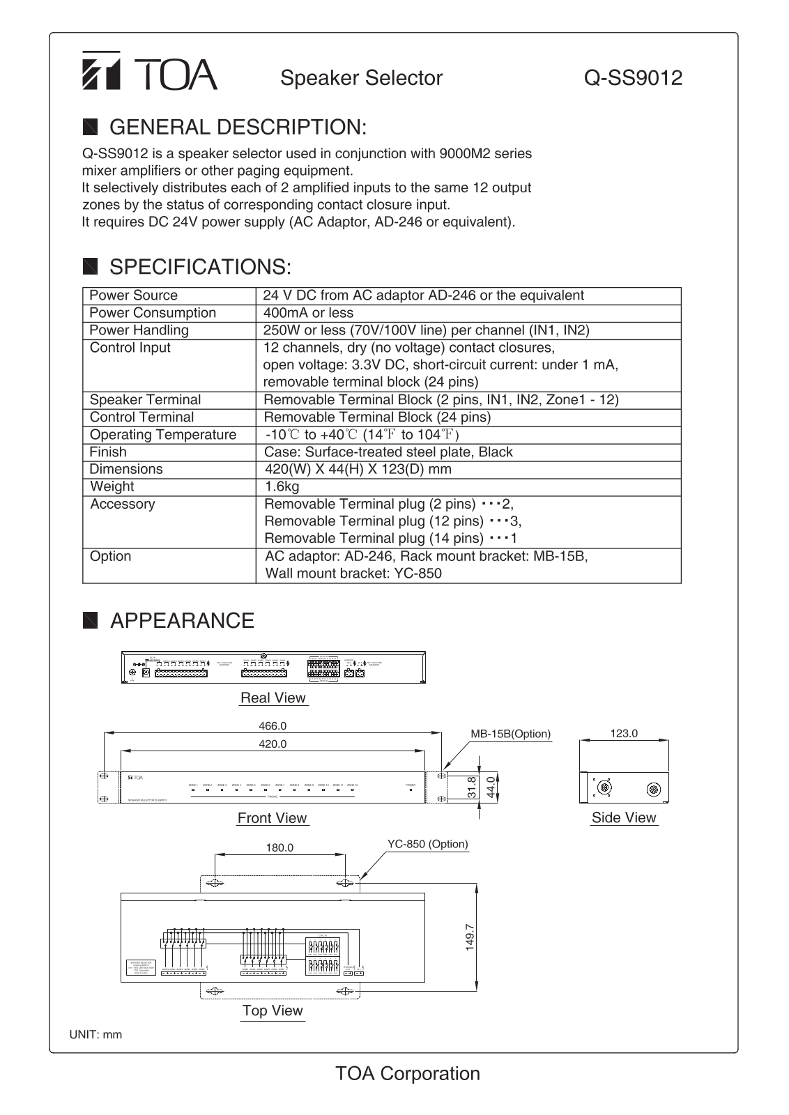 TOA Q-SS9012PS Datasheet