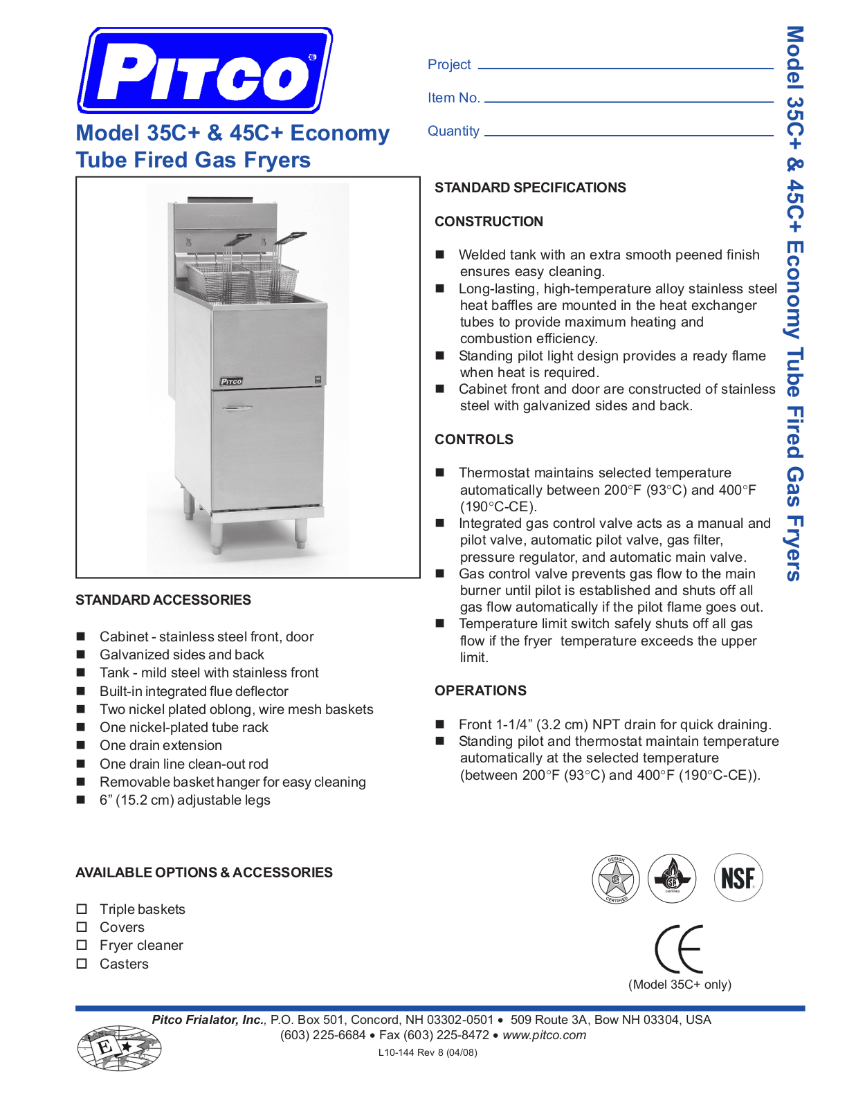 Pitco 35c+, 45c+ Specification Data