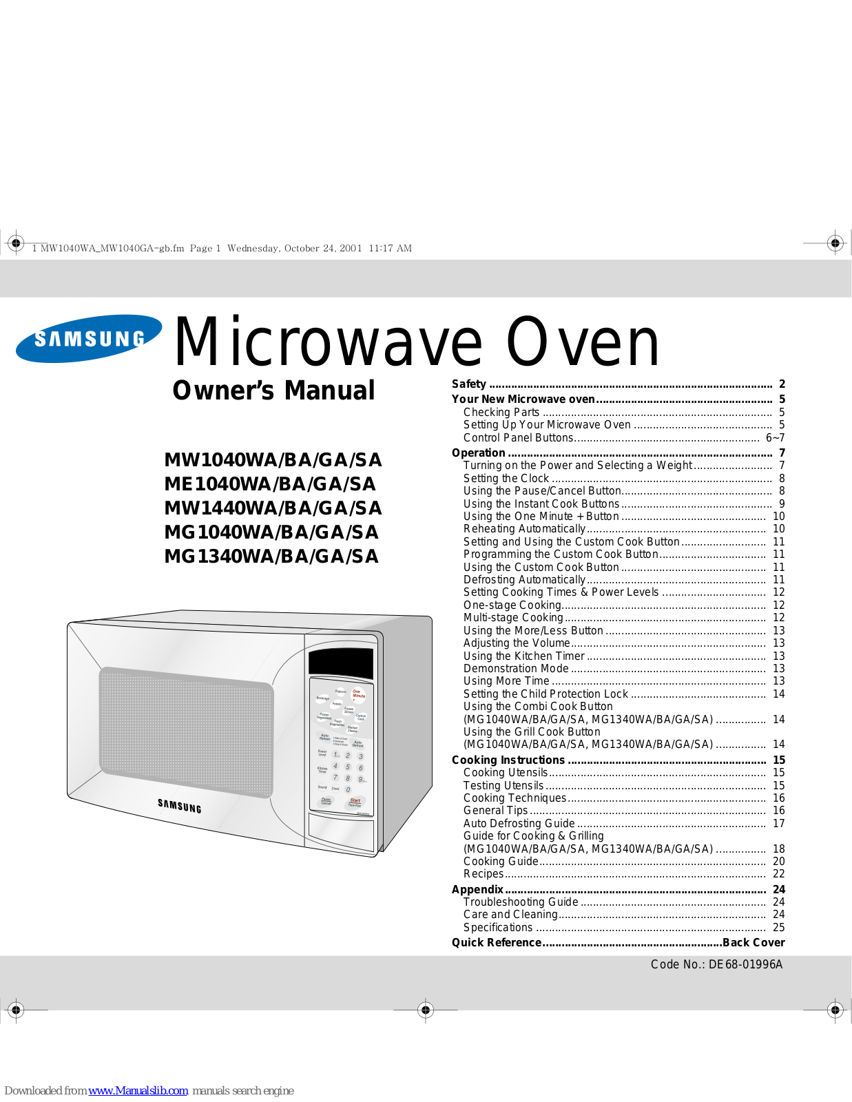 Samsung ME1040WA, MW1440WA, MG1040WA, MG1340WA, MW1040BA Owner's Manual