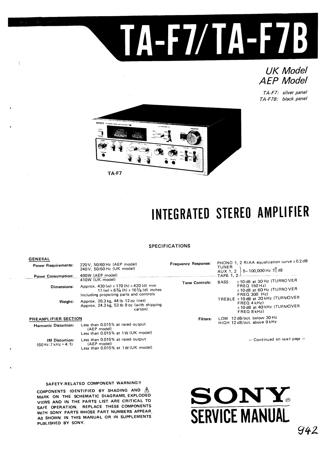 Sony TAF-7, TAF-7-B Service manual