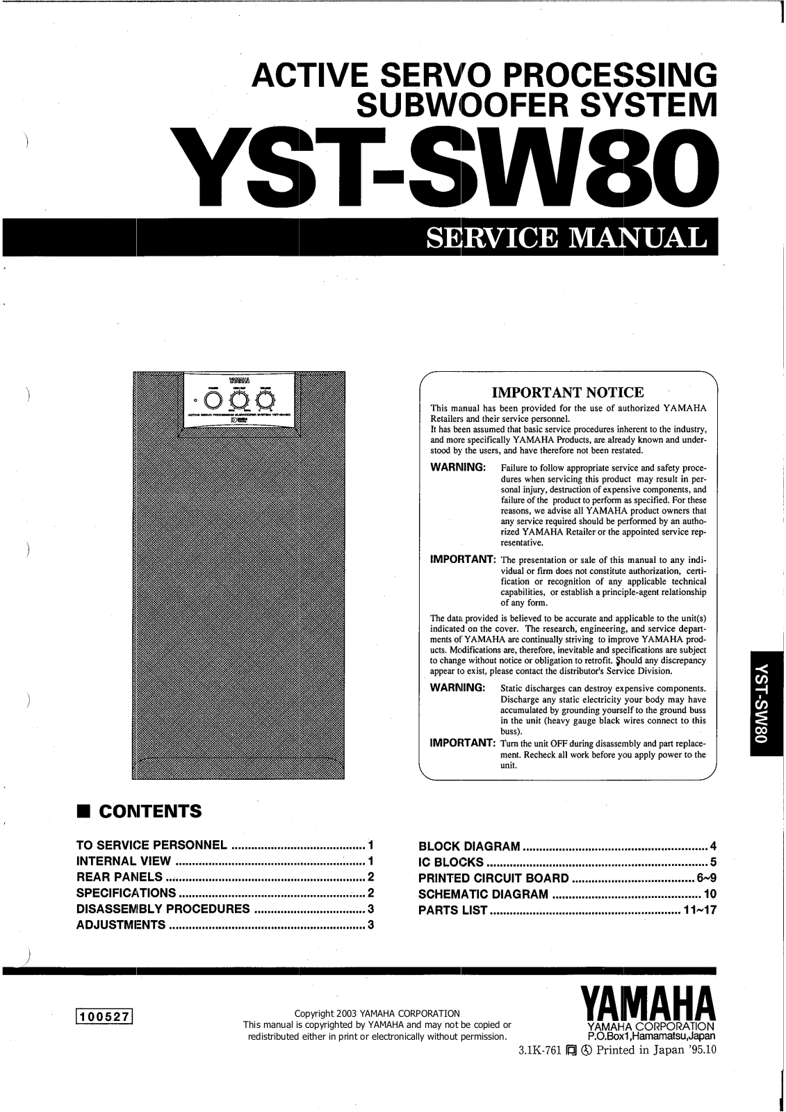 Yamaha YST-SW80 Service Manual