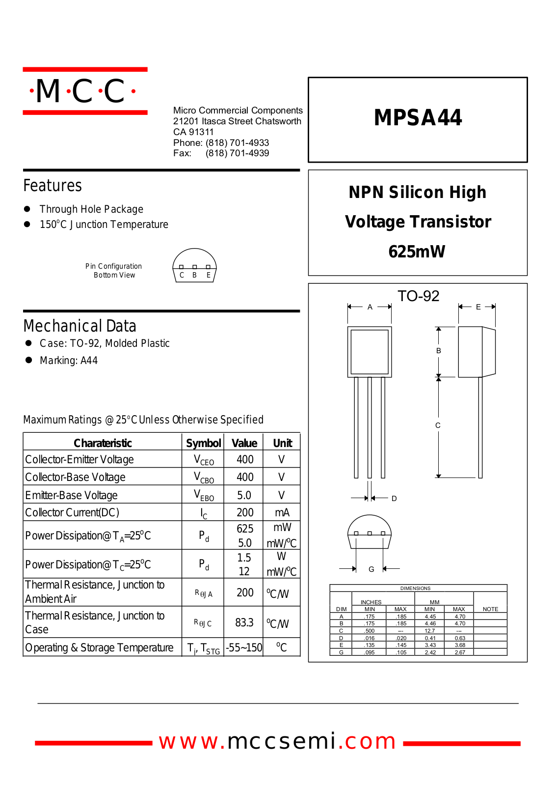 MCC MPSA44 Datasheet