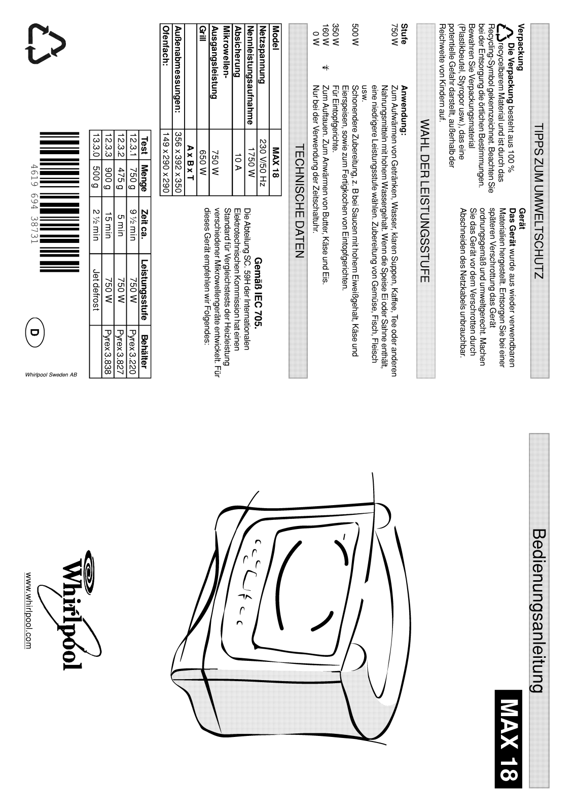 Whirlpool MAX 18/WH/2, MAX 18/2/BL, MAX 18/BL, MAX 18/AB, MAX 18/WH INSTRUCTION FOR USE