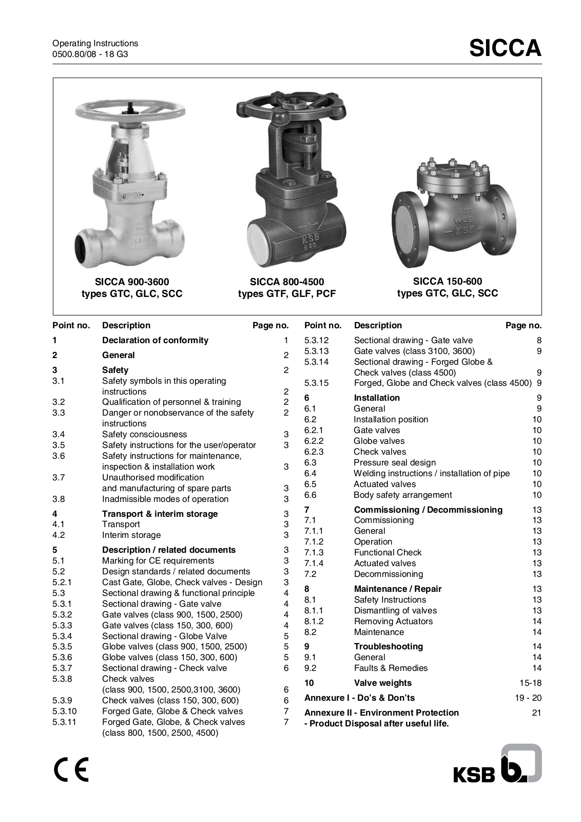 KSB SICCA GTC Series, SICCA GLS Series, SIKKA SCC Series Operating Instructions Manual