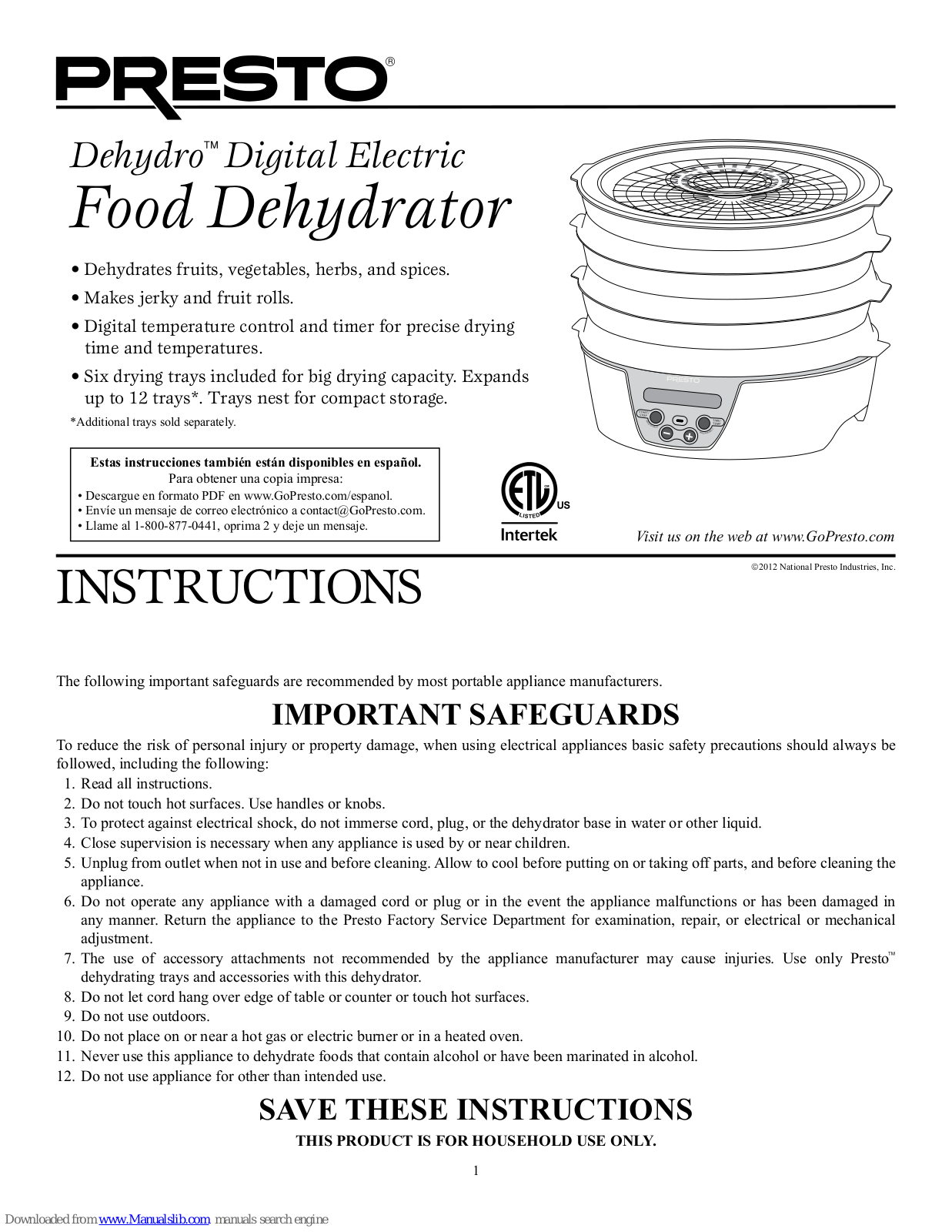 Presto Dehydro Digital Electric Food Dehydrator, Dehydro Instructions Manual