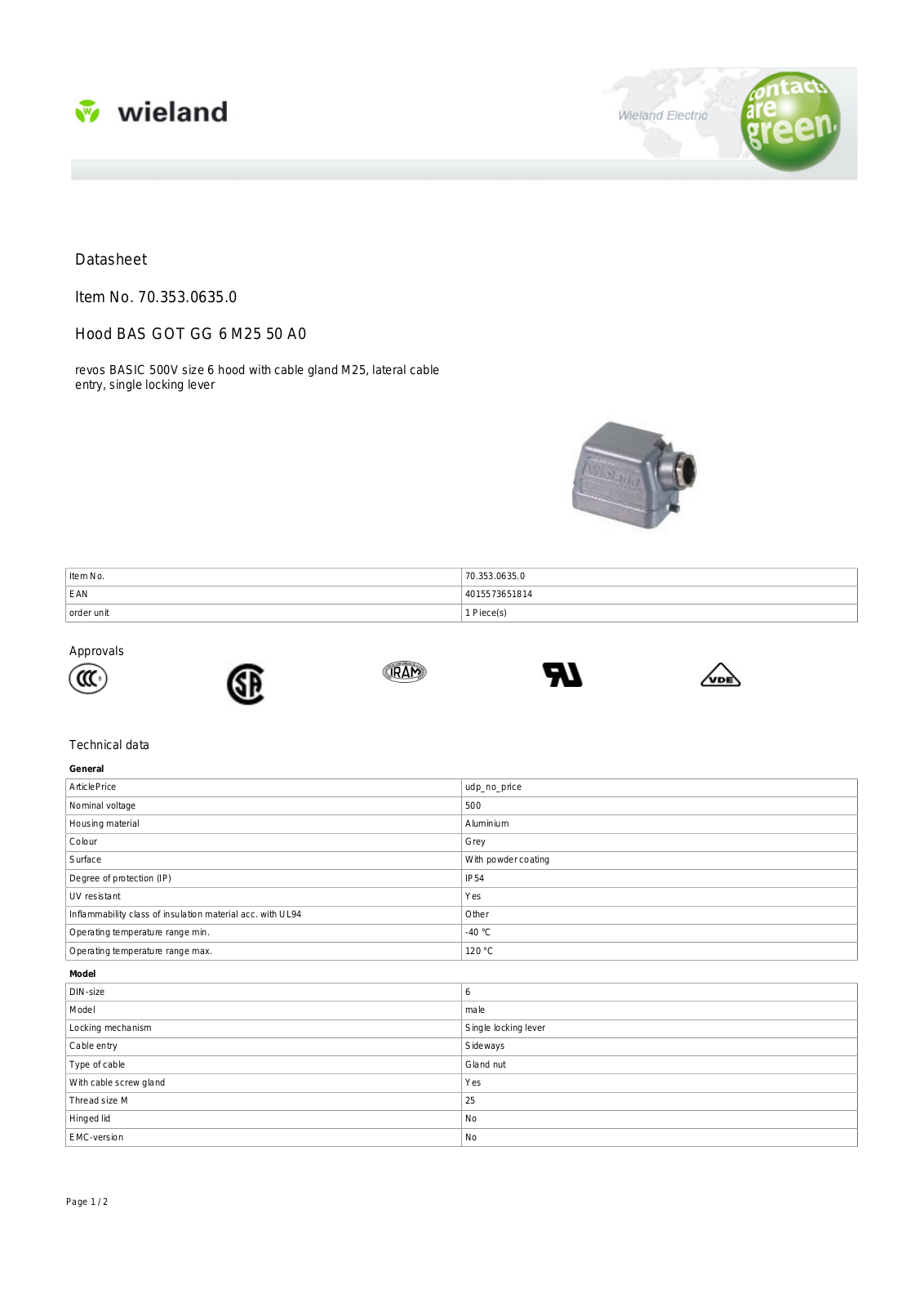 Wieland 70.353.0635.0 Data Sheet