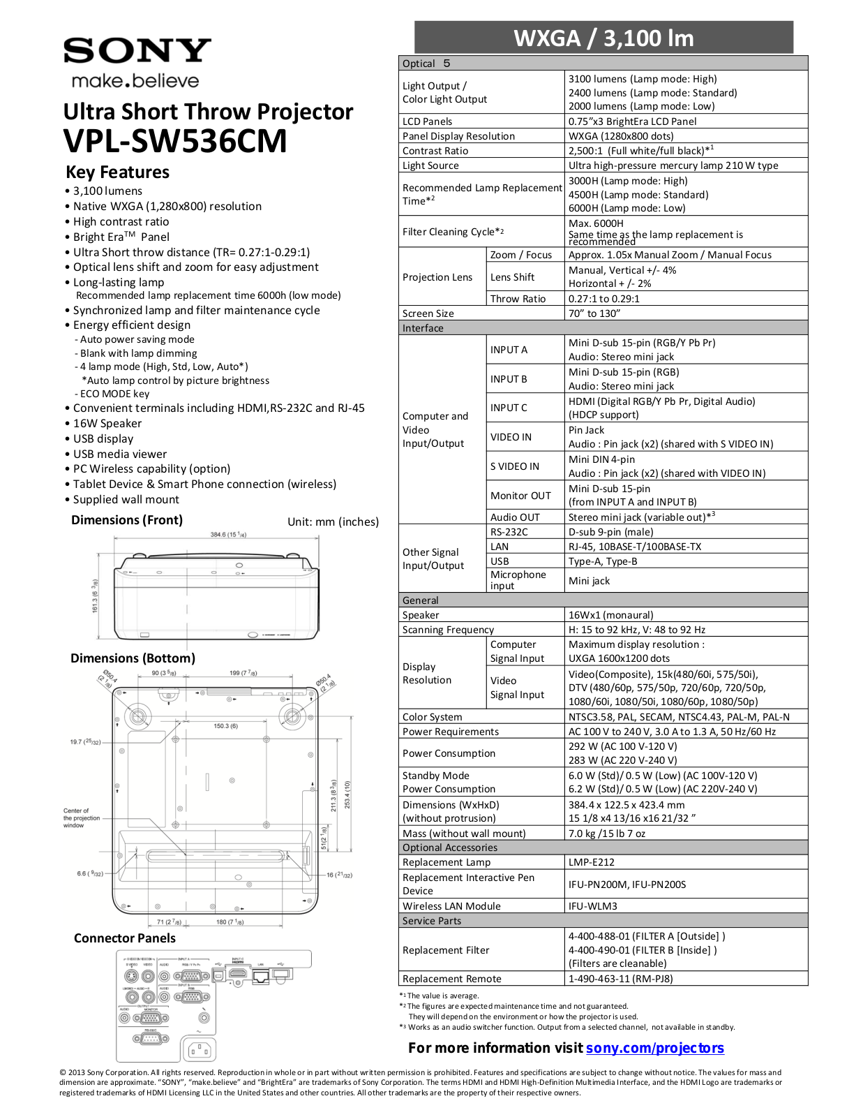 Sony VPL-SW536CM Product Sheet