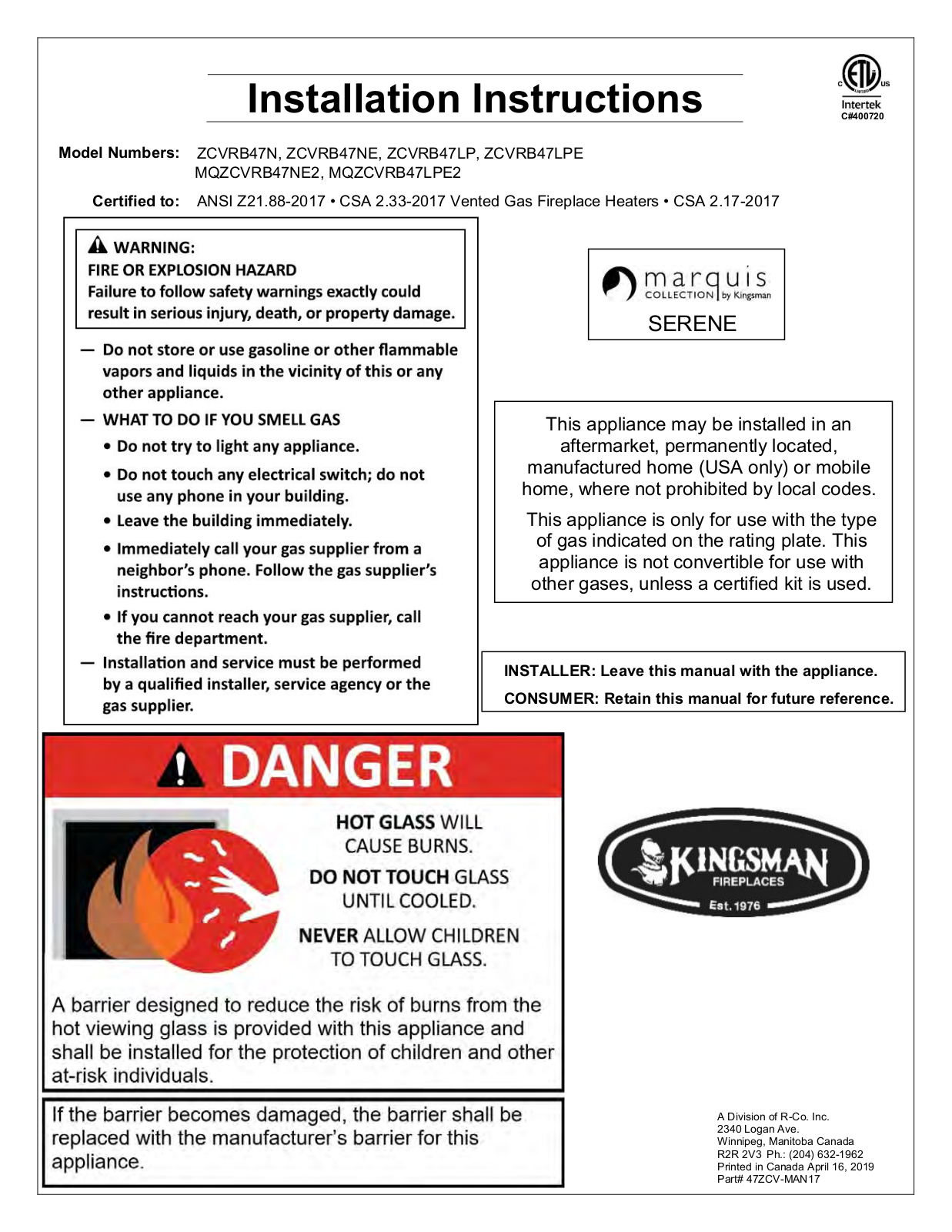 Kingsman MQZCVRB47NE2, ZCVRB60N, ZCVRB47N, MQZCVRB60NE2, MQZCVRB60LPE2 Installation Instructions Manual