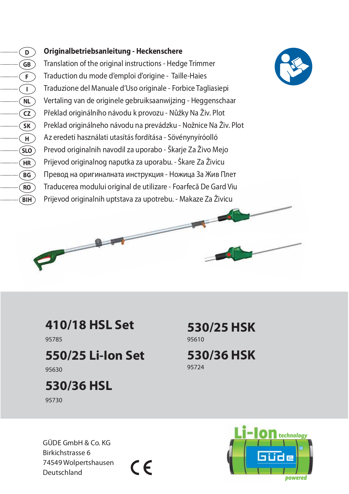 Gude 410/18 HSL Set, 530/25 HSK, 550/25 Li-Ion Set, 530/36 HSL, 530/36 HSK Translation Of The Original Instructions