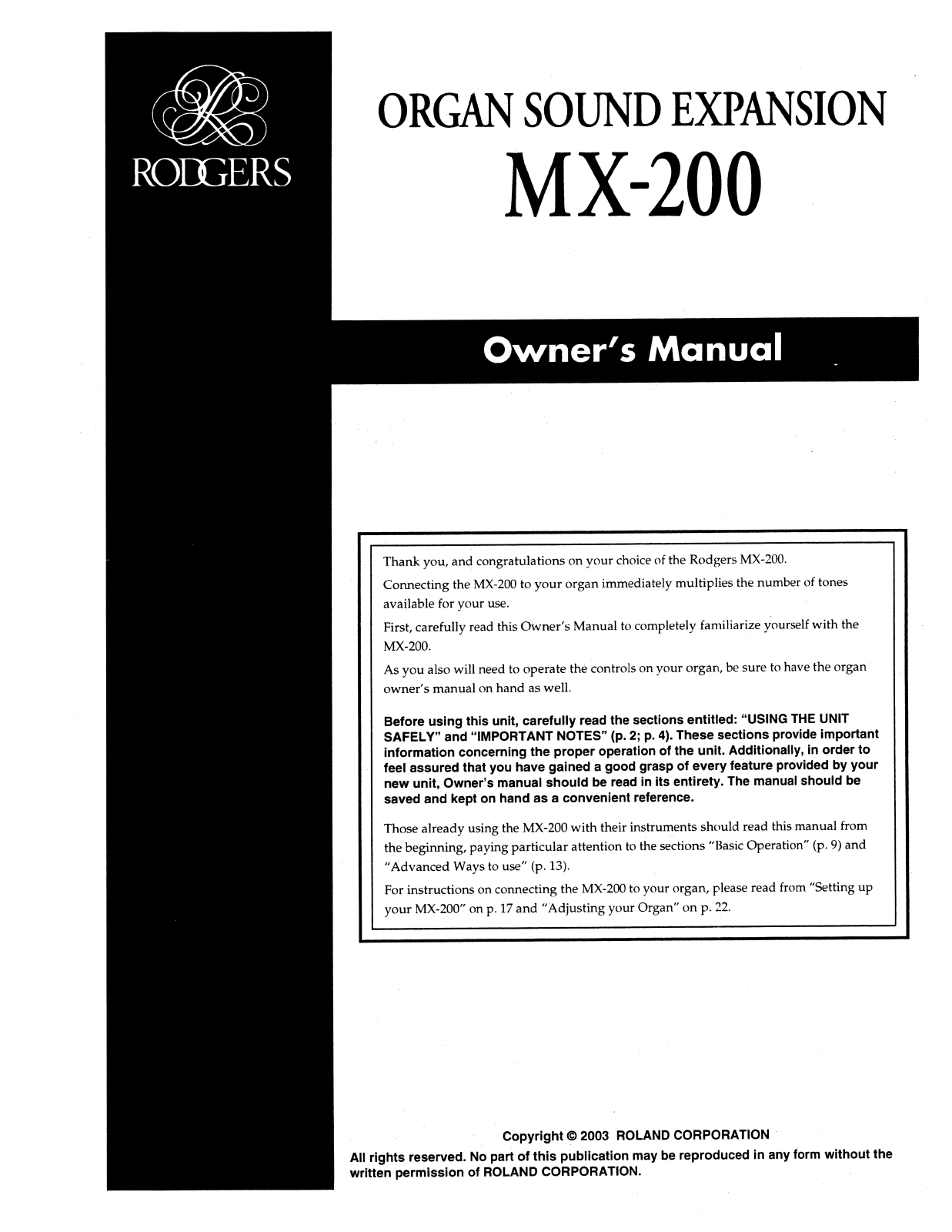 Roland Corporation MX-200 Owner's Manual