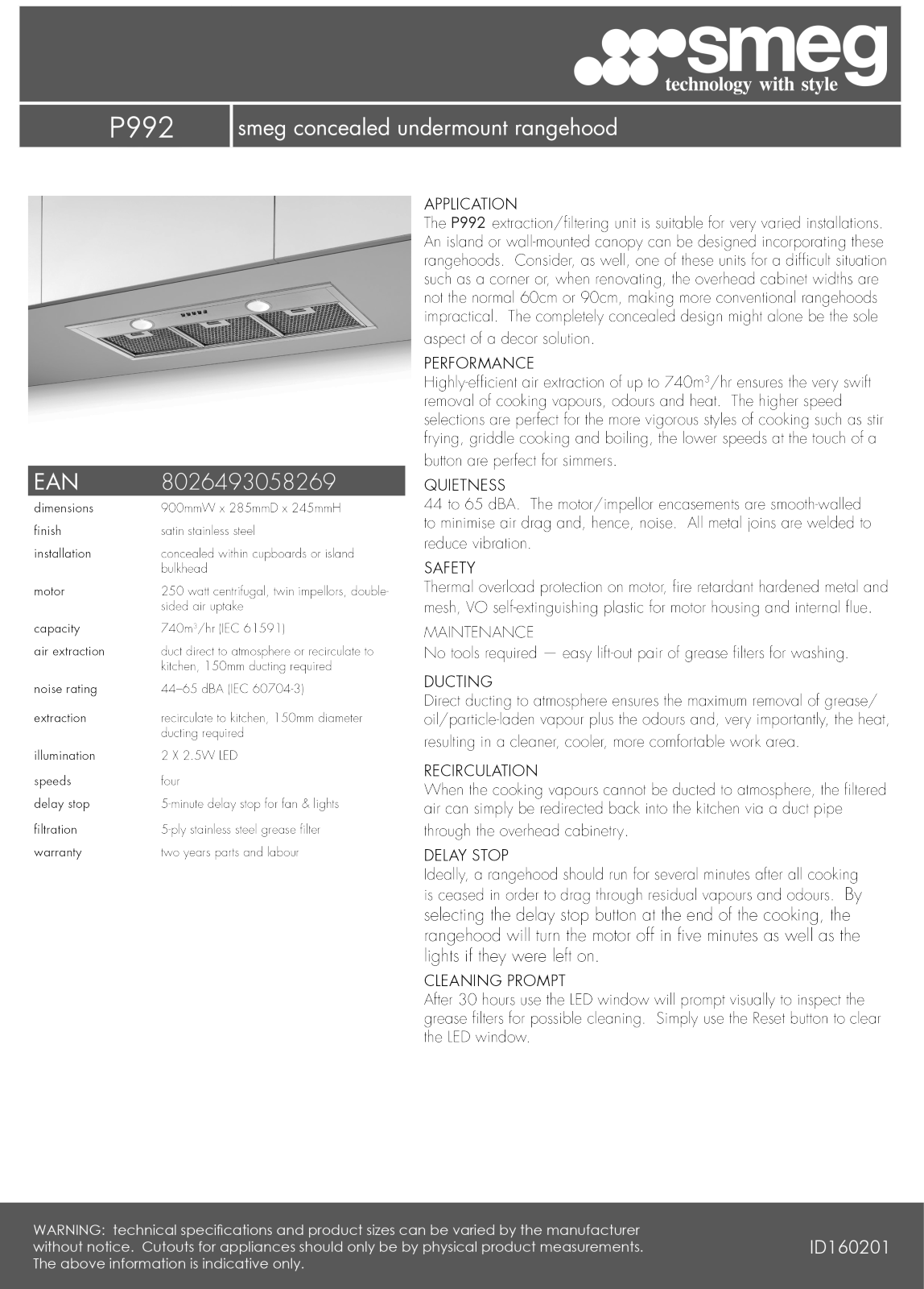 Smeg SMEGSTYLEPACK6, CLASSIC992 Specifications Sheet