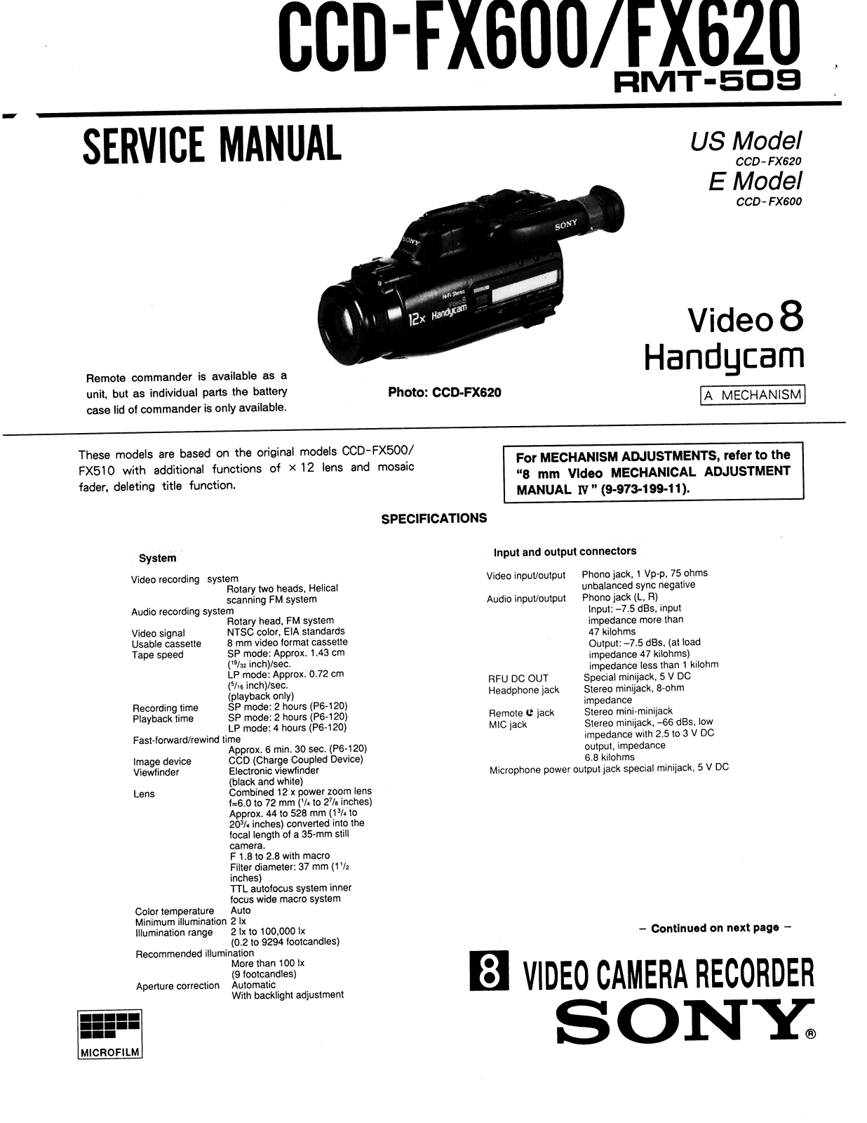 SONY CCD - FX 600, CCD - FX620 Service Manual