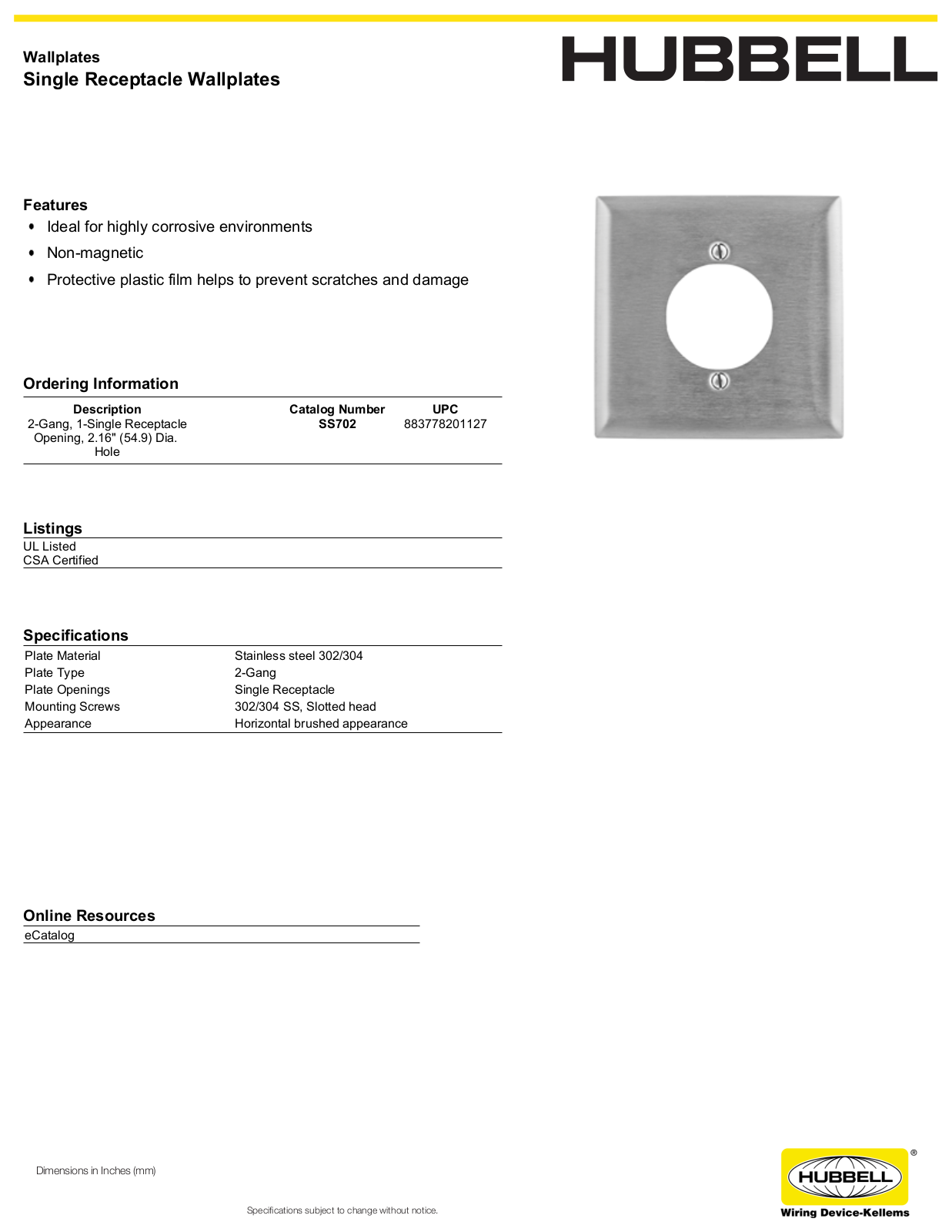 Hubbell SS702 Specifications