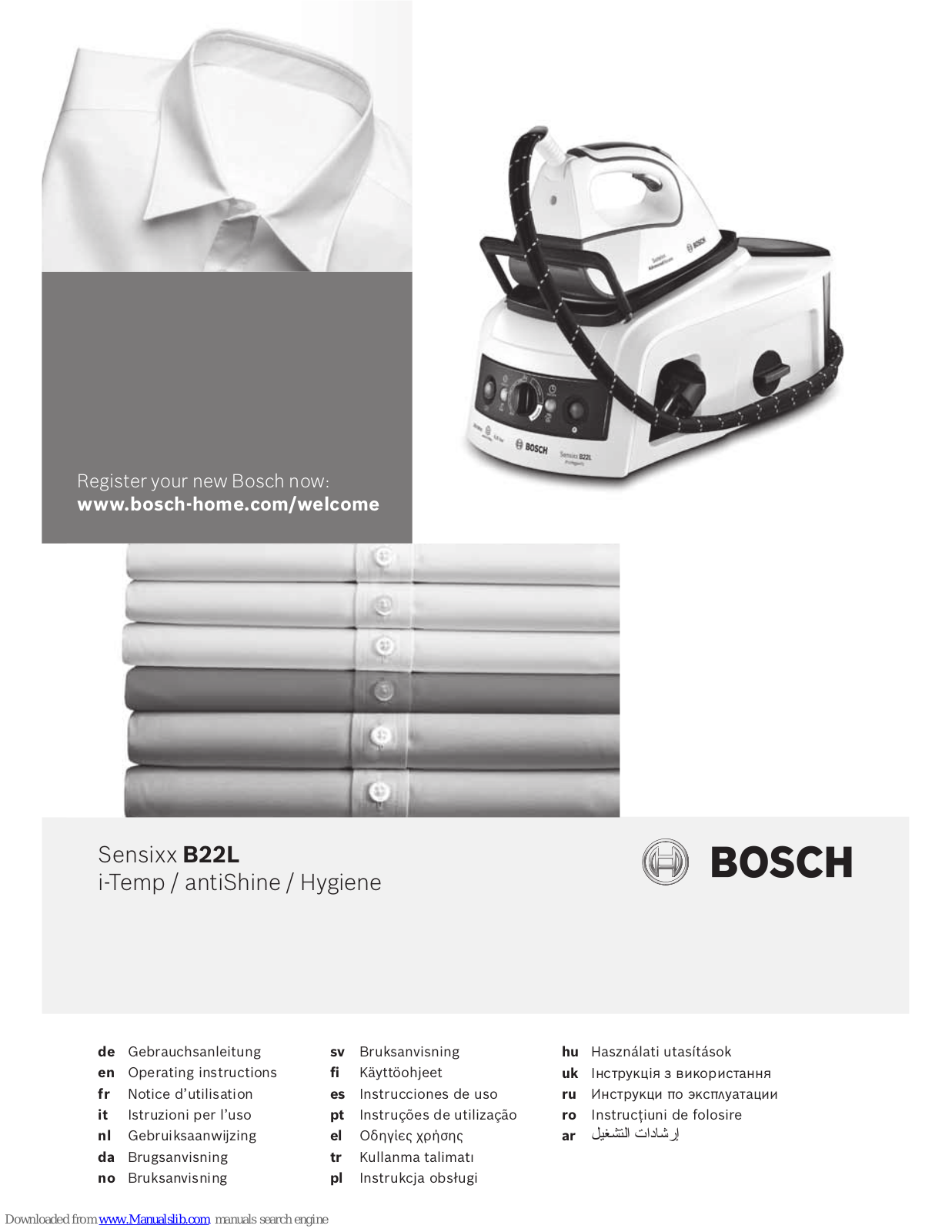 Bosch Sensixx B22LantiShine, Sensixx B22L i-Temp, Sensixx B22L Hygiene Operating Instructions Manual