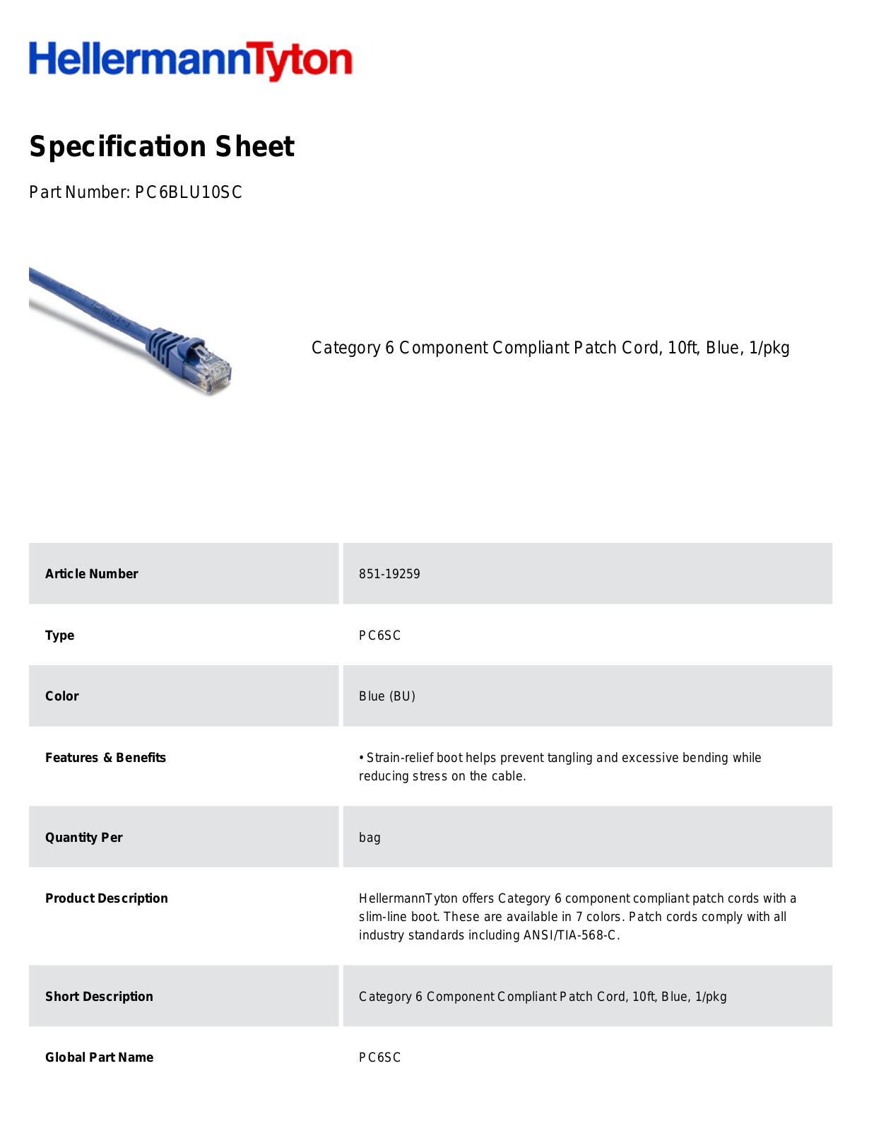 HellermannTyton PC6BLU10SC Specification Sheet