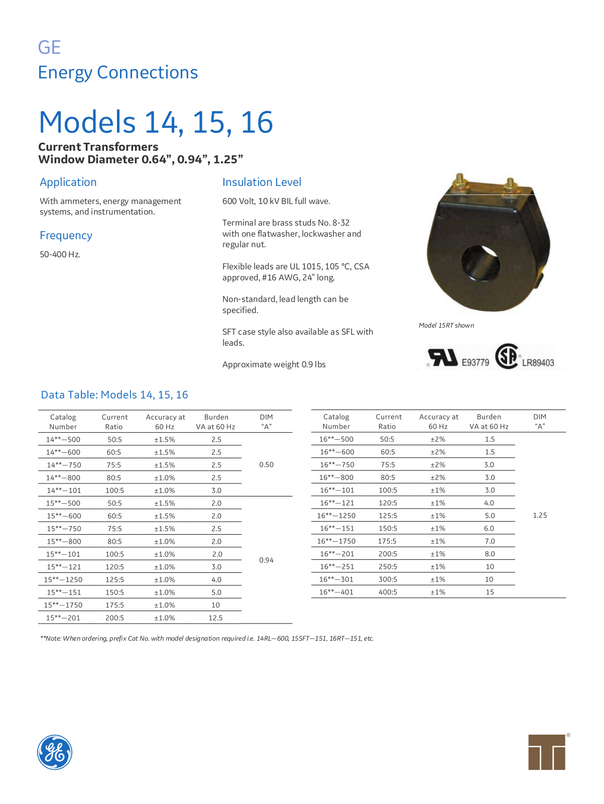 Instrument Transformer, Div of GE 14, 15, 16 Data Sheet - ManualMachine.com