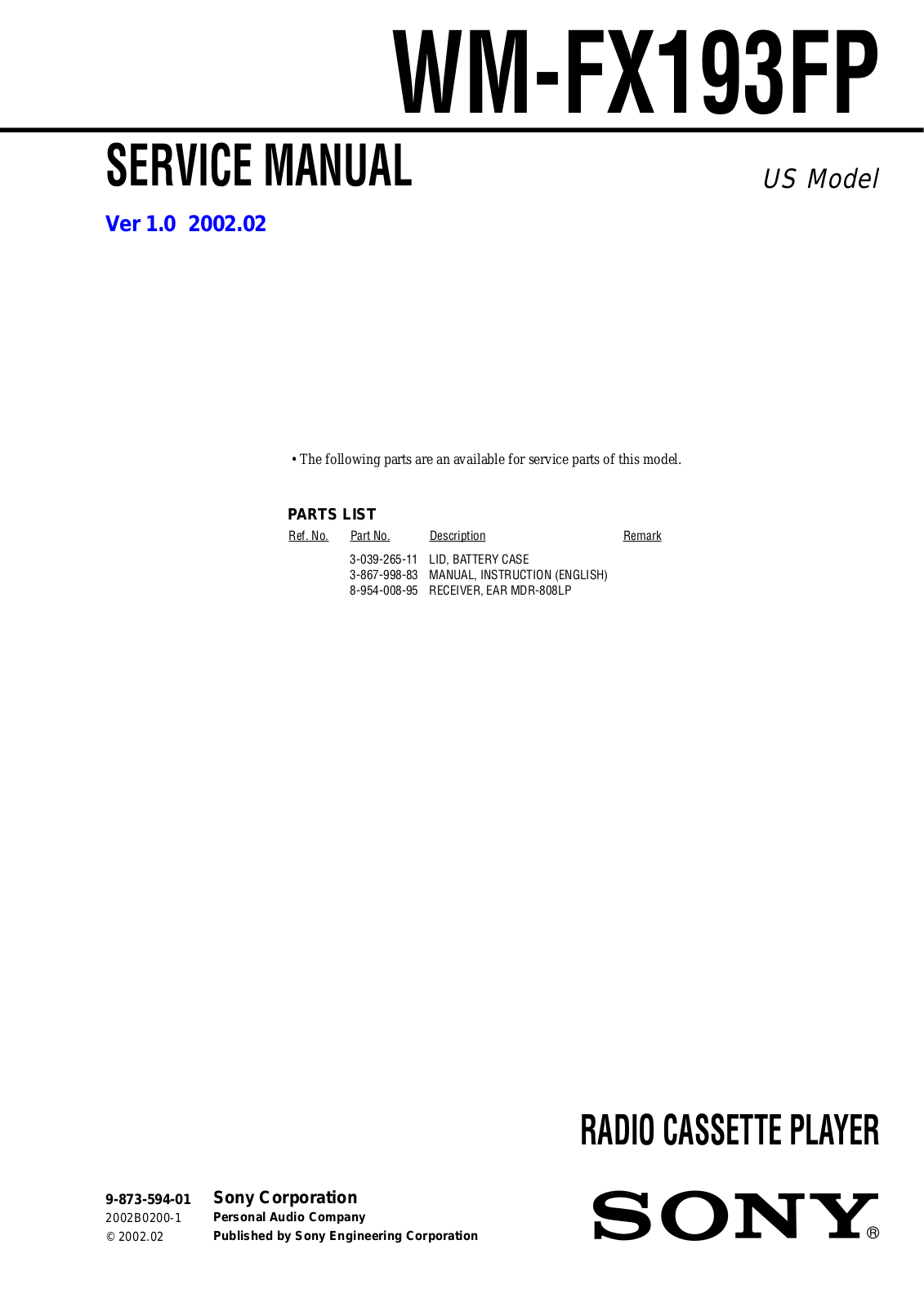 Sony WM-FX193FP Service Manual