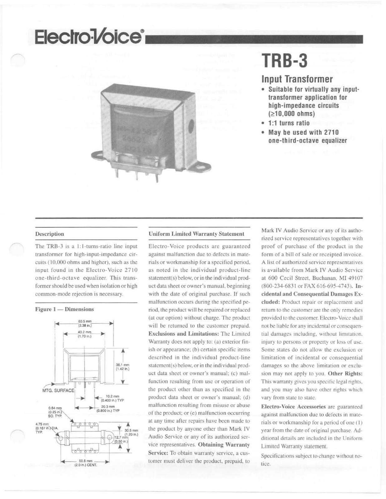 Electro-voice TRB-3 DATASHEET