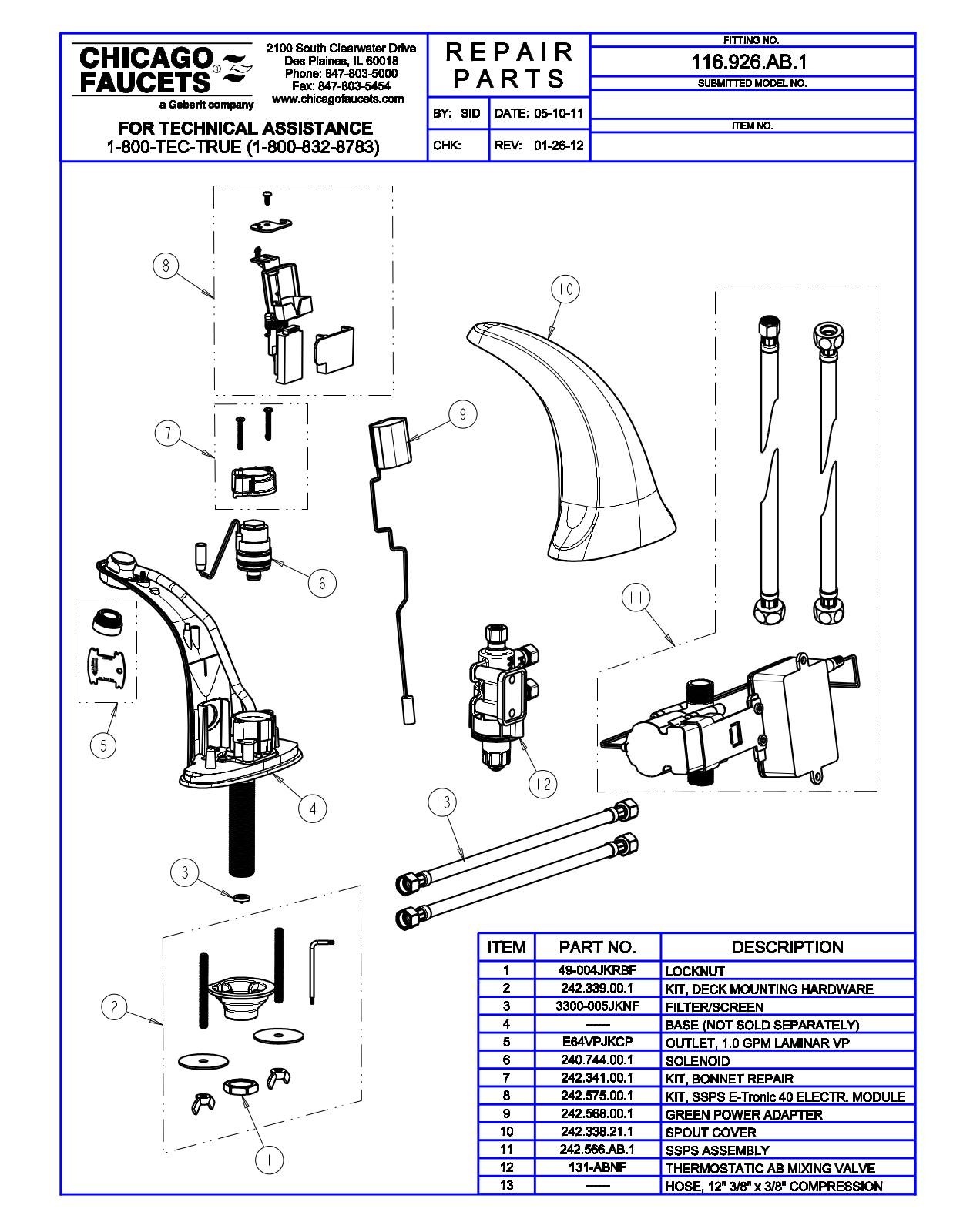 Chicago Faucet 116.926.AB.1 Parts List