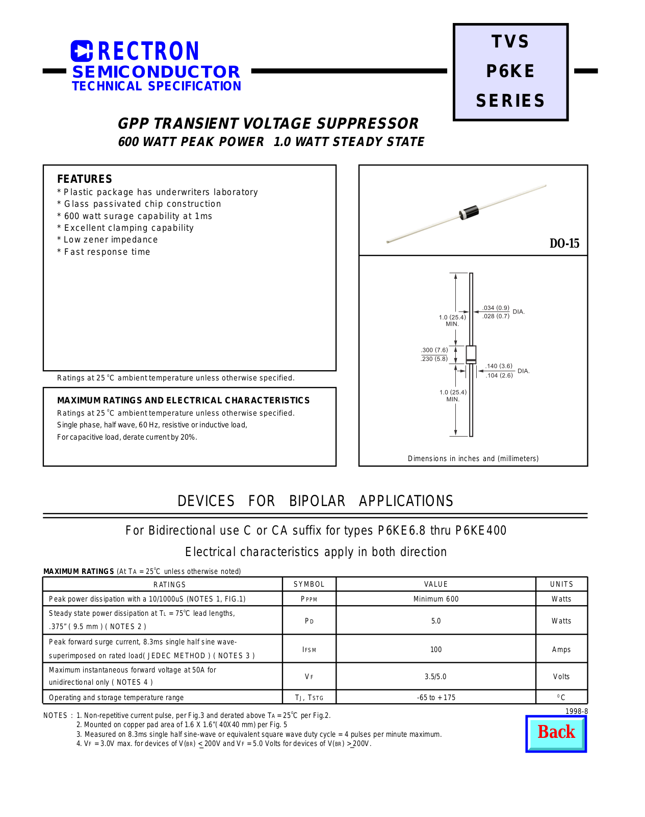 Datasheet P6KE100, P6KE12, P6KE120, P6KE12A, P6KE13 Datasheet (RECTRON) - ManualMachine.com