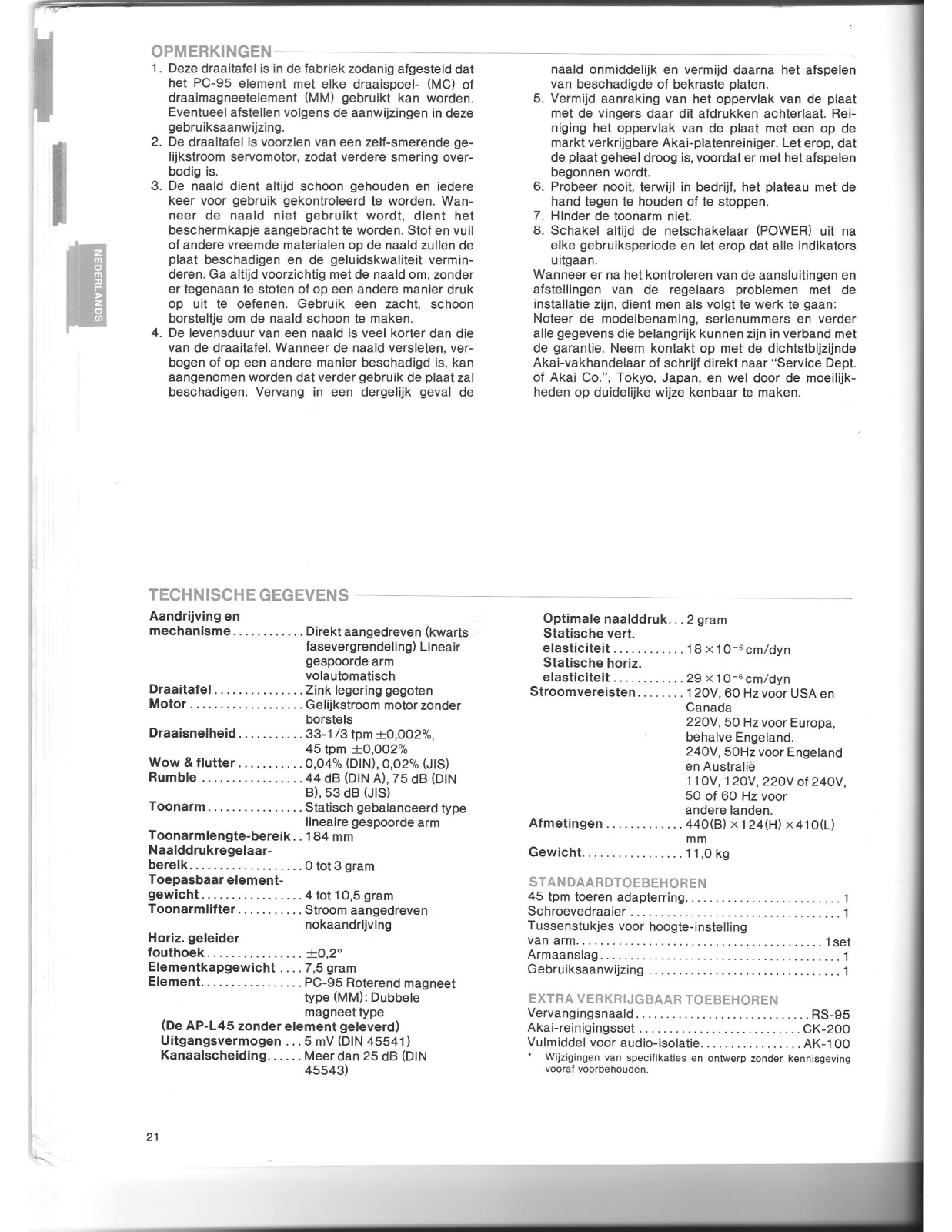 Akai AP-L45 Owners Manual