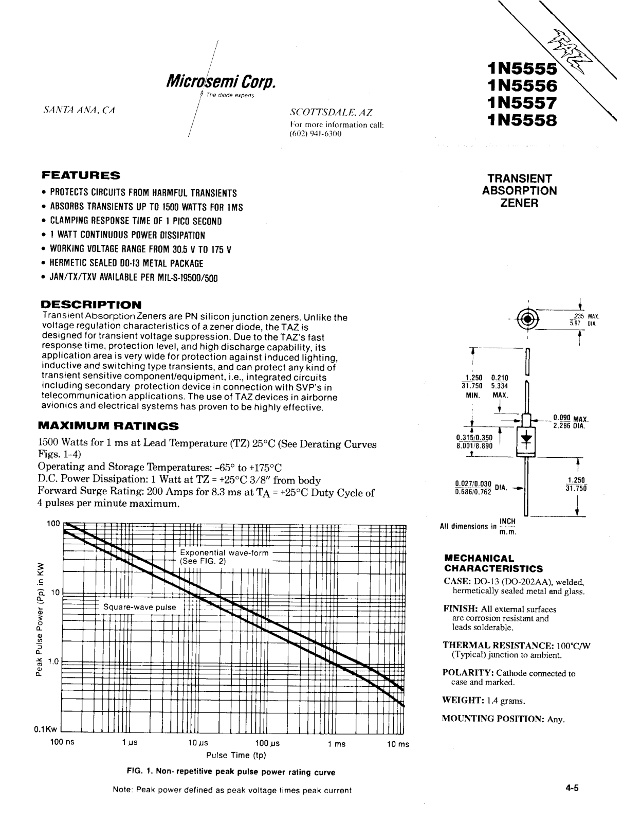 Microsemi Corporation 1N5558, 1N5557, 1N5556, 1N5555 Datasheet