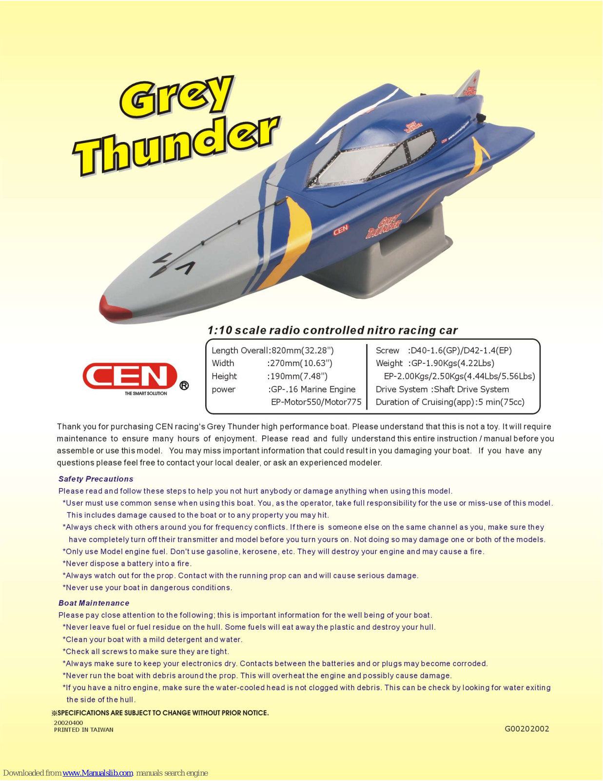 Cen Grey thunder Assembly Instructions Manual