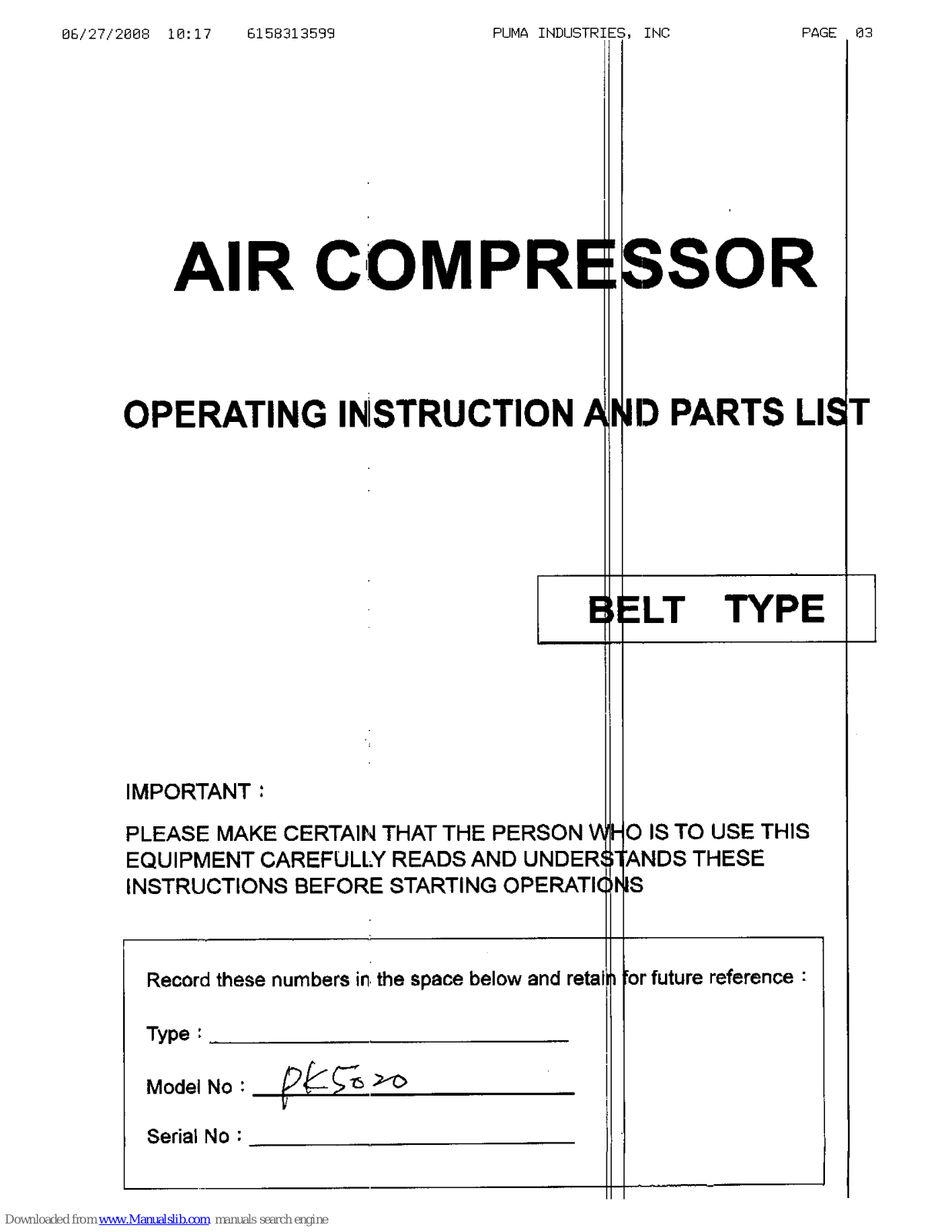 Puma pk5020 Operating Instructions And Parts List Manual