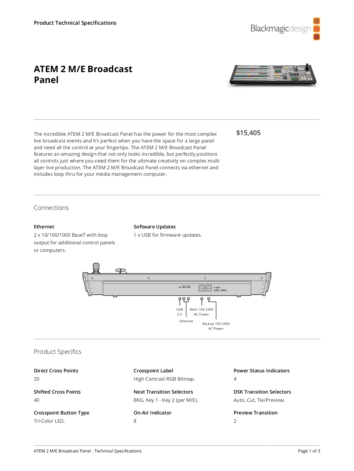 Blackmagic Design ATEM 2 M/E Broadcast Panel Specifications