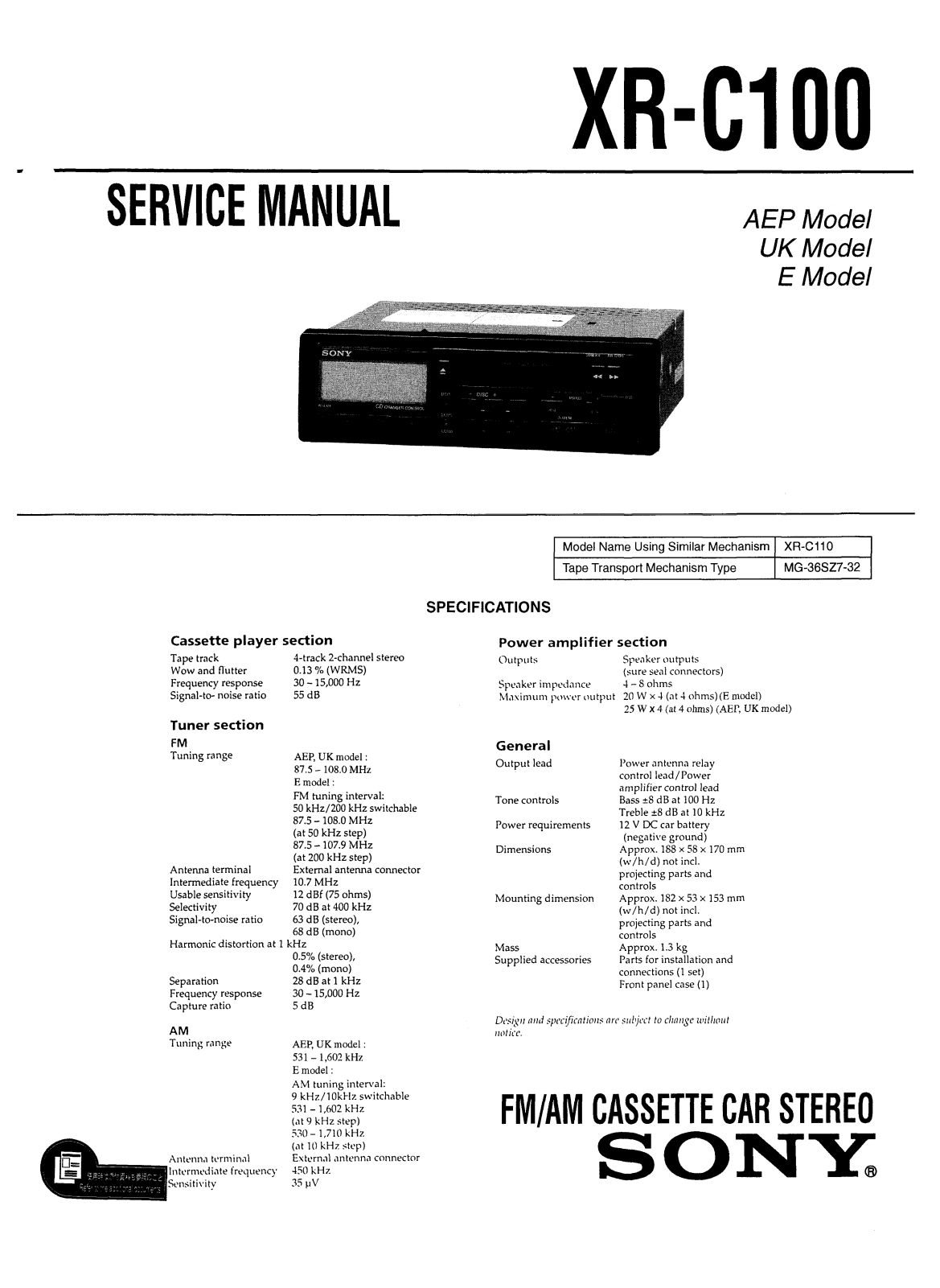 Sony XRC-100 Service manual