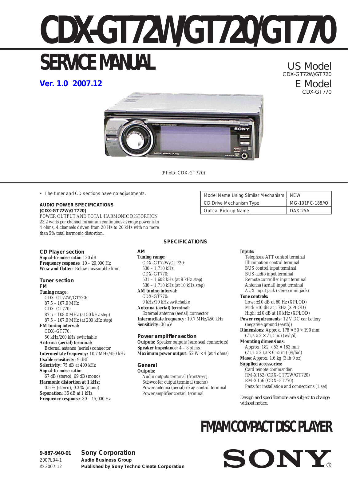 Sony CDXGT-72-W, CDXGT-720, CDXGT-770 Service manual