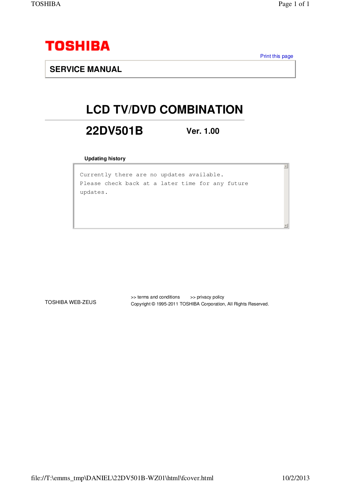 Toshiba 22DV501B Schematic