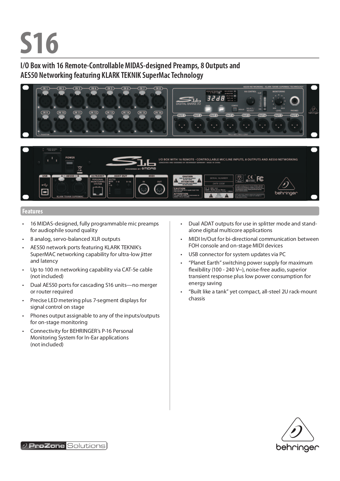 Behringer S16 Specification Sheet