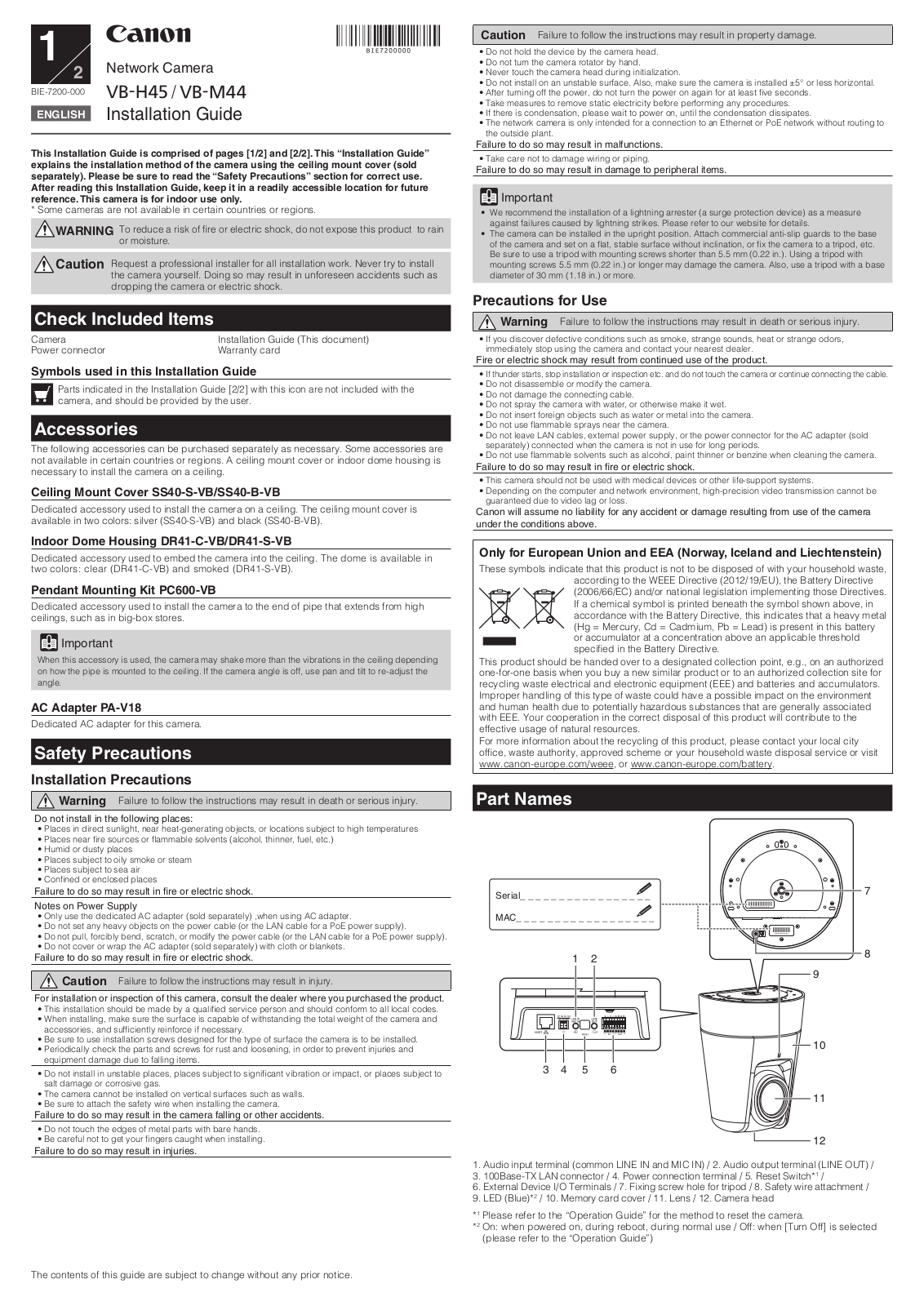 Canon VB-H45, VB-M44 Installation Manual