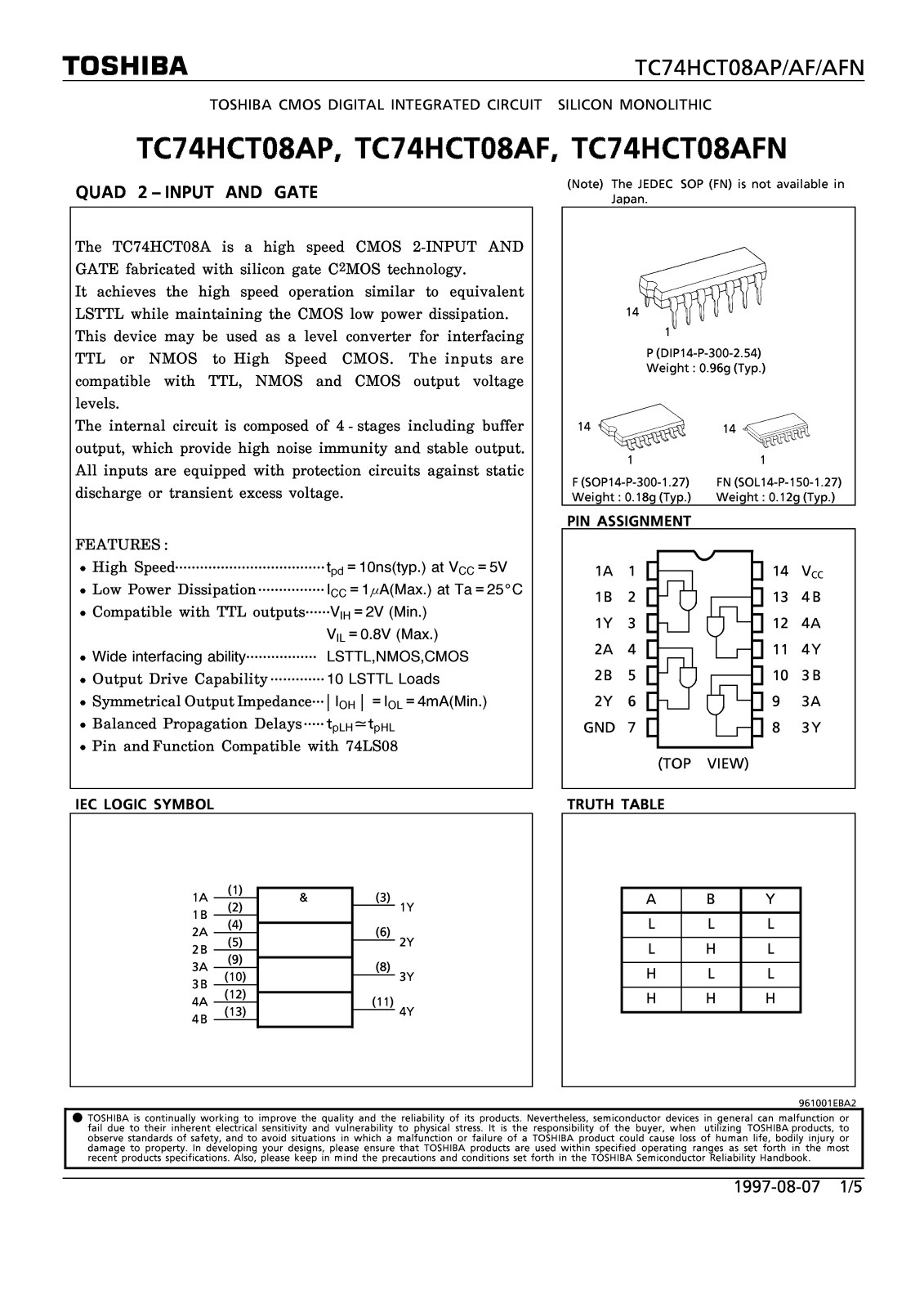 Toshiba TC74HCT08AP, TC74HCT08AF Datasheet