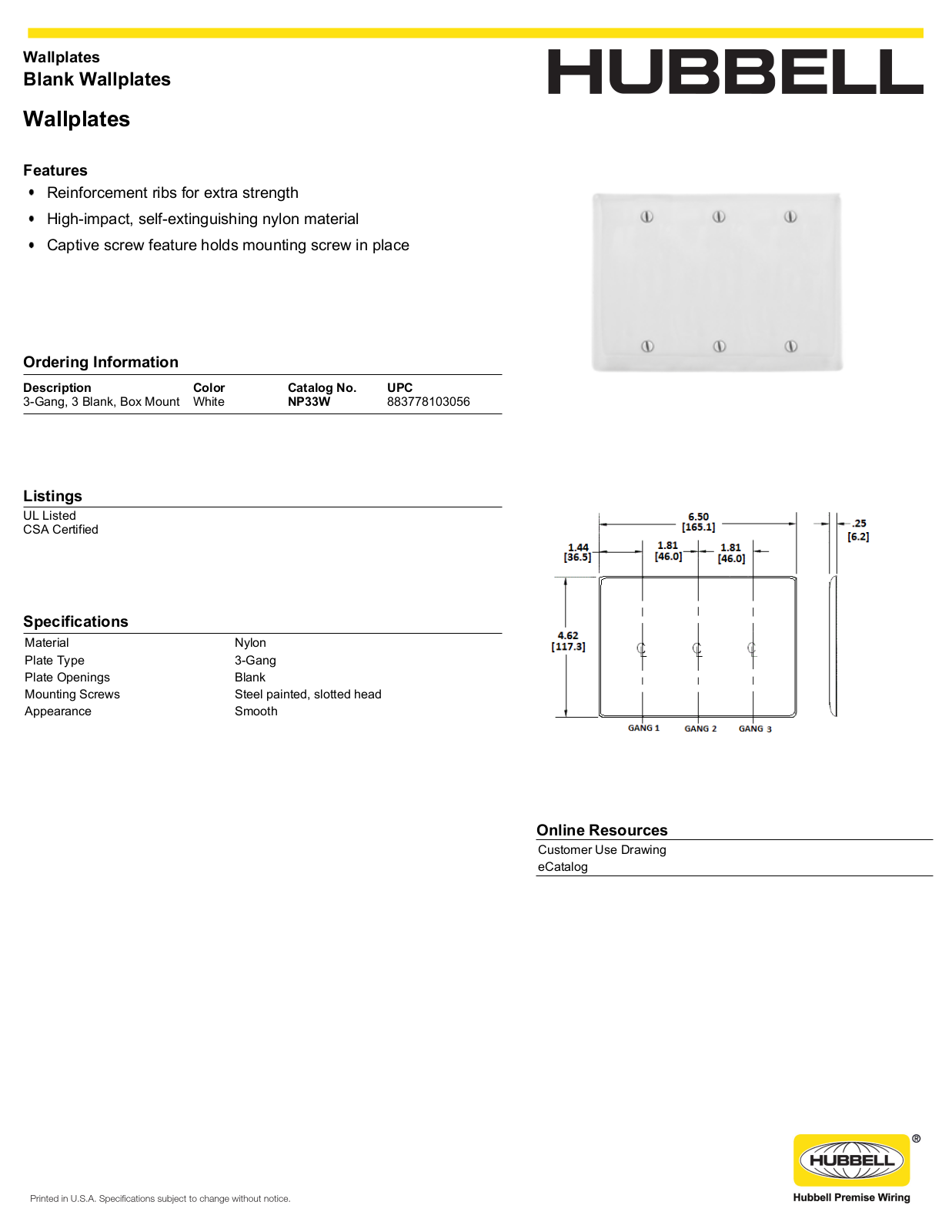 Hubbell NP33W Specifications