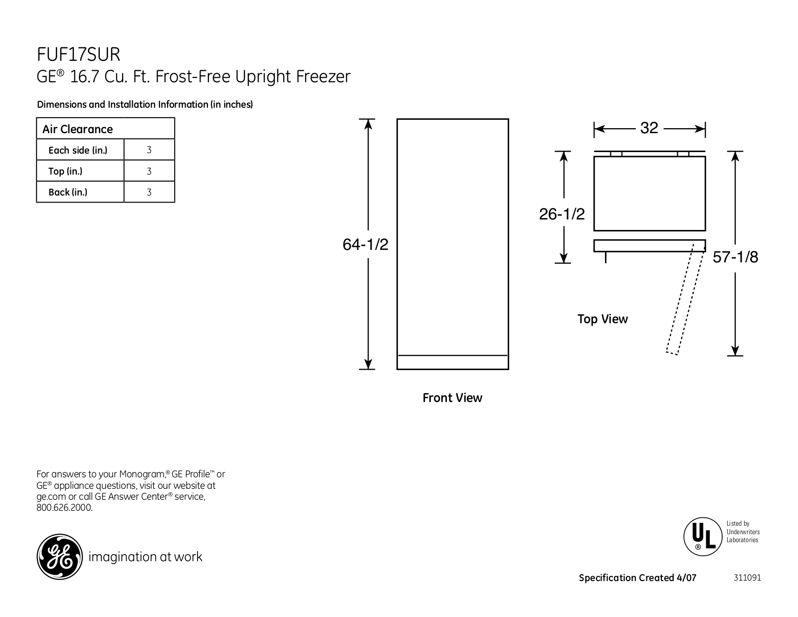 GE FUF17SUR Specification - ManualMachine.com