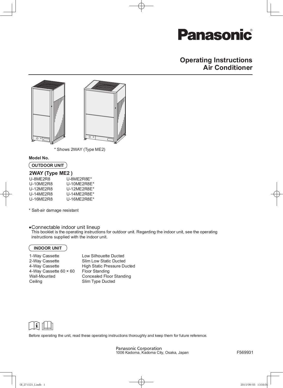 Panasonic U-8ME2R8, U-10ME2R8, U-12ME2R8, U-16ME2R8, U-14ME2R8 Operating Instructions Manual