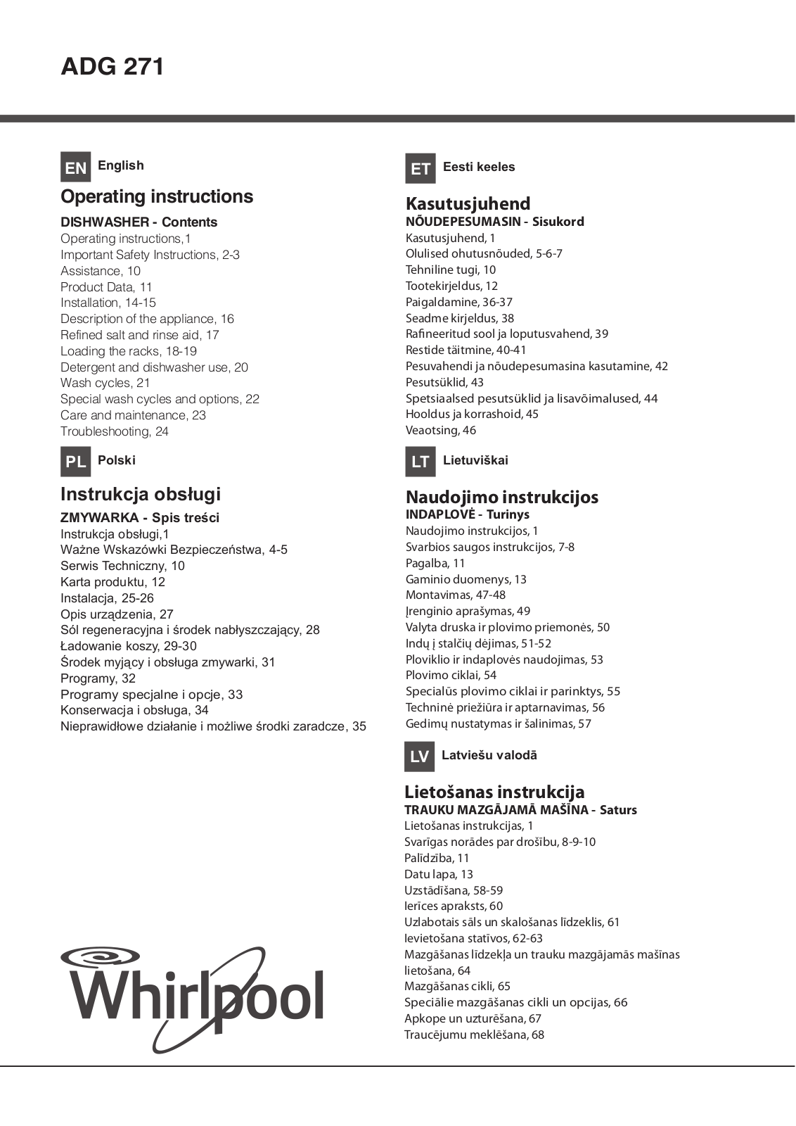 Whirlpool ADG 271 Operating Instructions