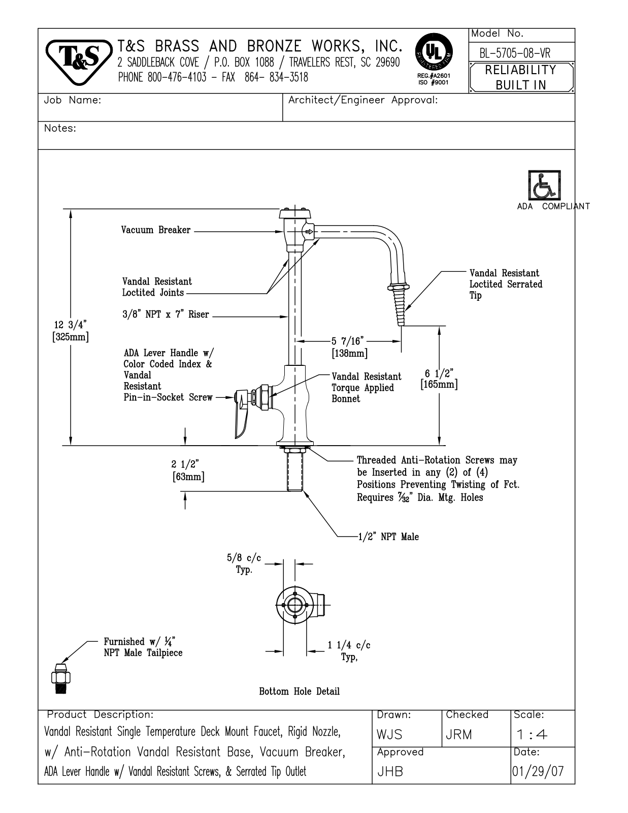 T&S Brass BL-5705-08-VR User Manual