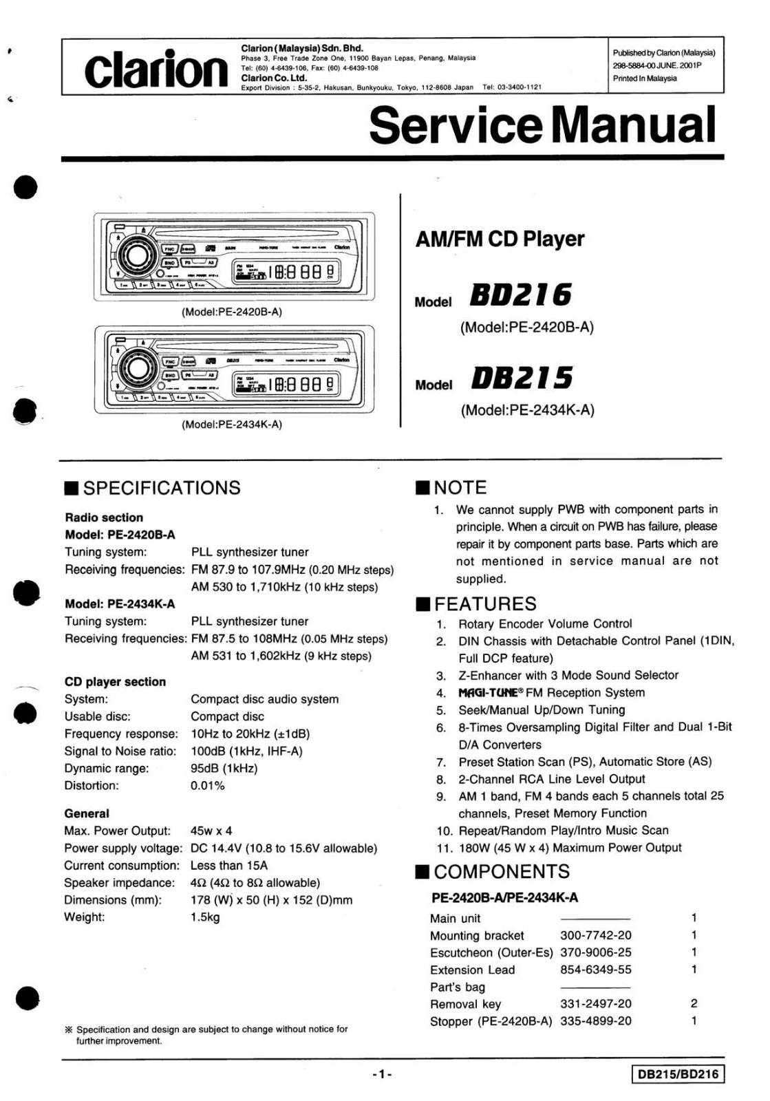 Clarion DB215, BD216 Service Manual