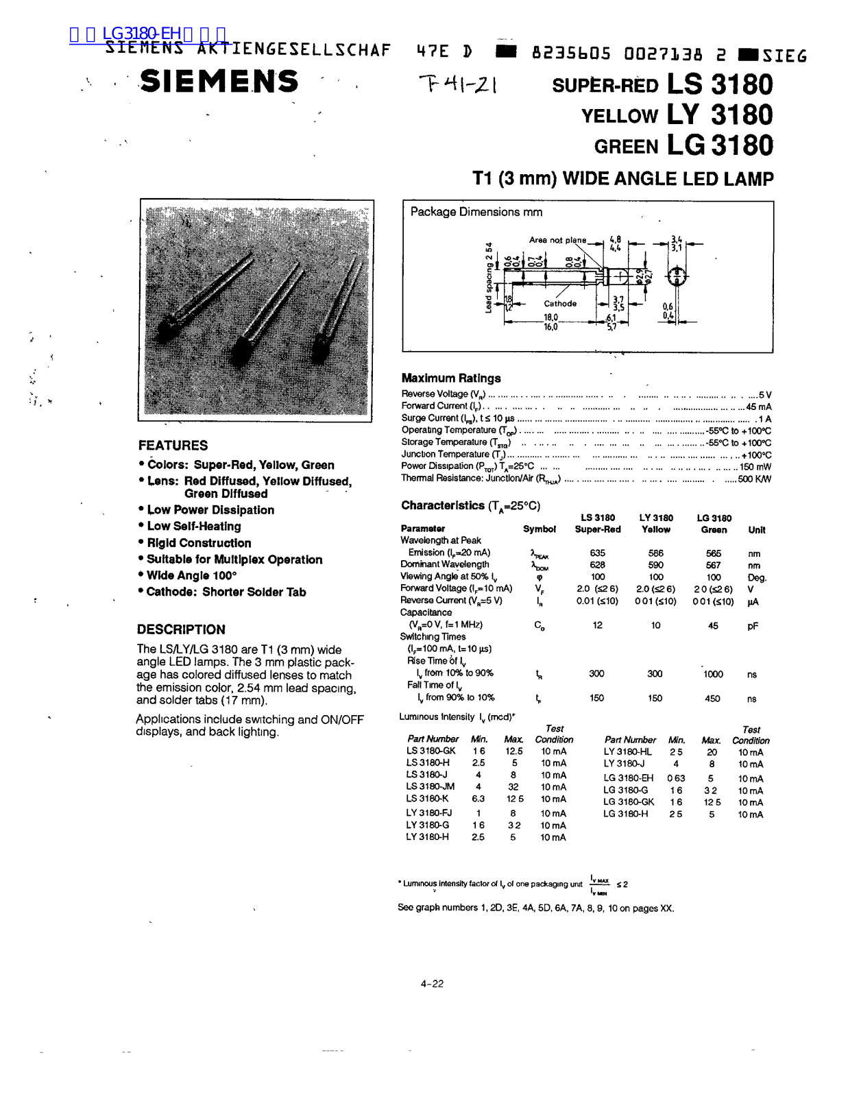 Siemens LS3180, LY3180, LG 3180 Technical data