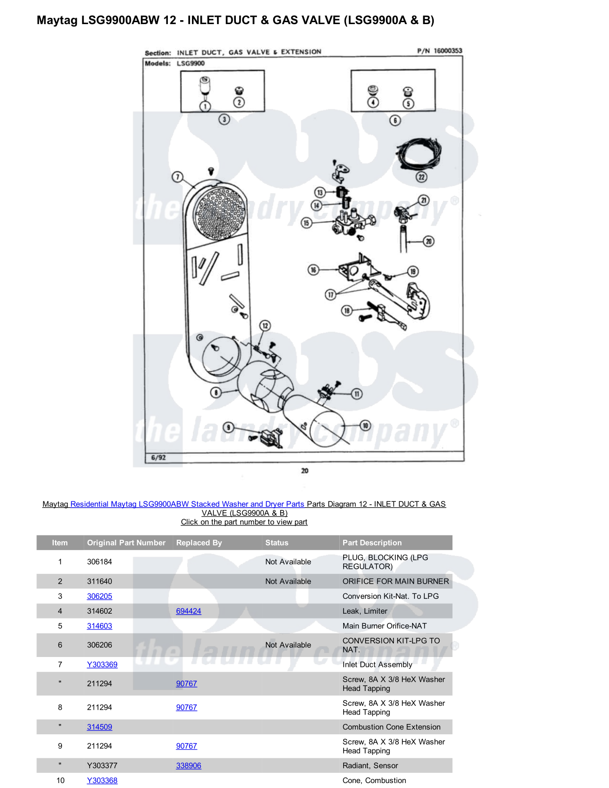 Maytag LSG9900ABW Stacked and Parts Diagram