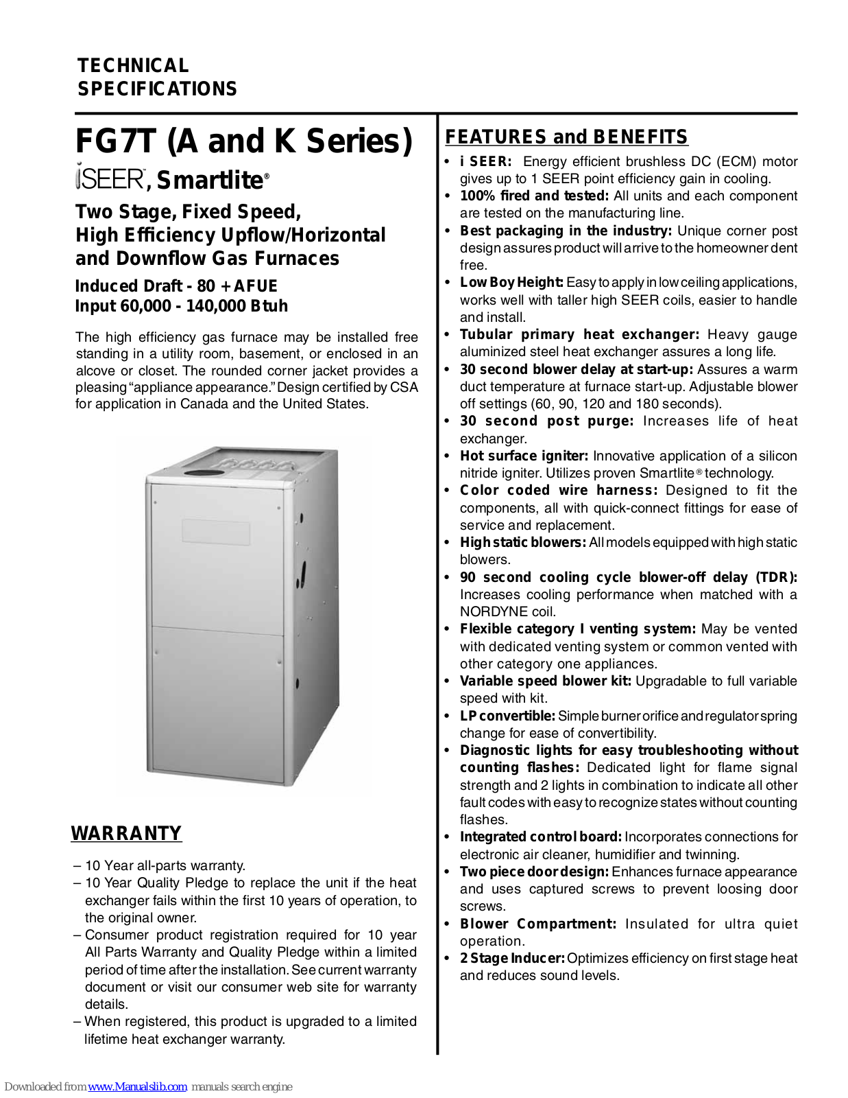 Nordyne iSEER Smartlite FG7T A Series, FG7TA 100C-35C1, FG7TA 060C-23A1, FG7TA 120C-35C1, FG7TA 140C-45D1 Technical Specifications