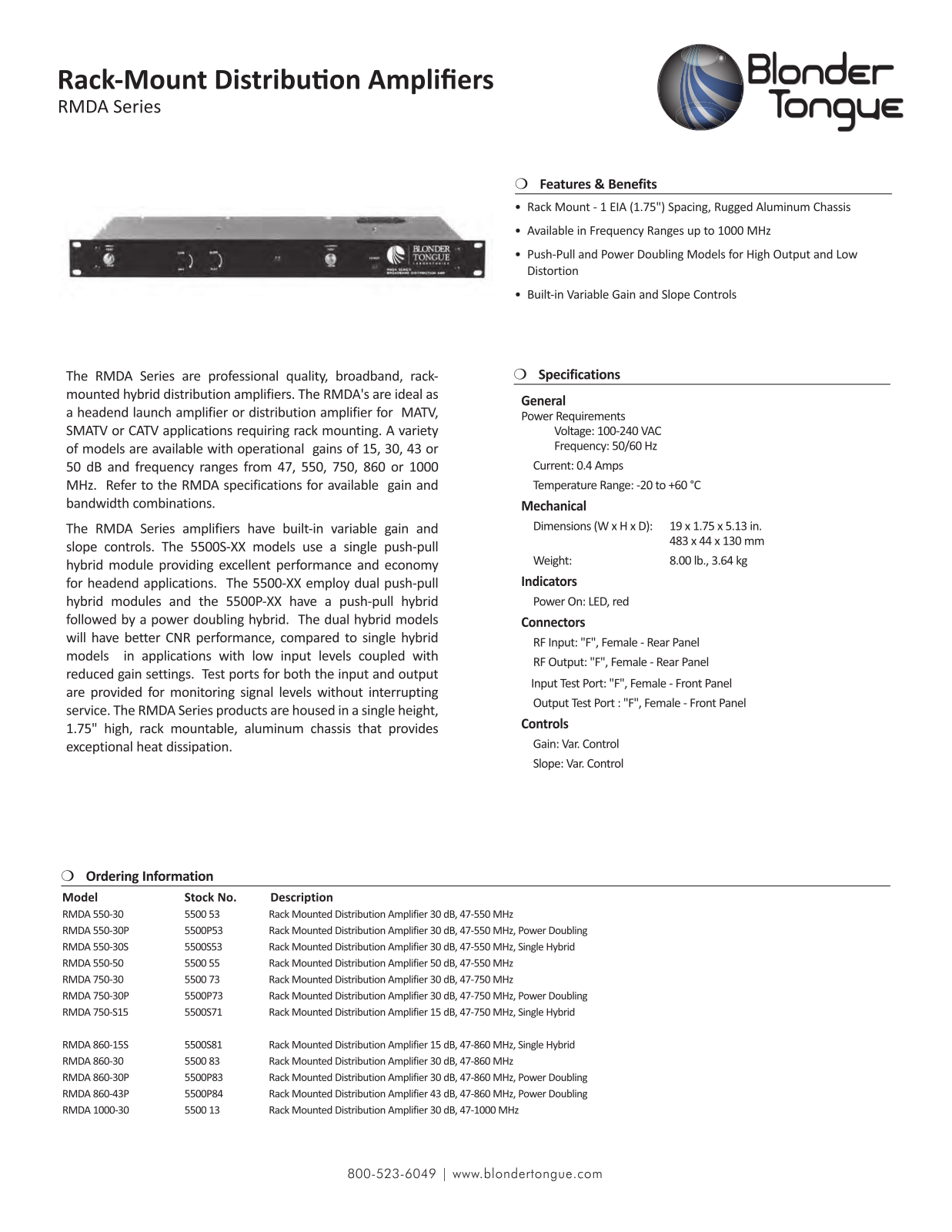 Blonder-Tongue RMDA-750-30P Specifications