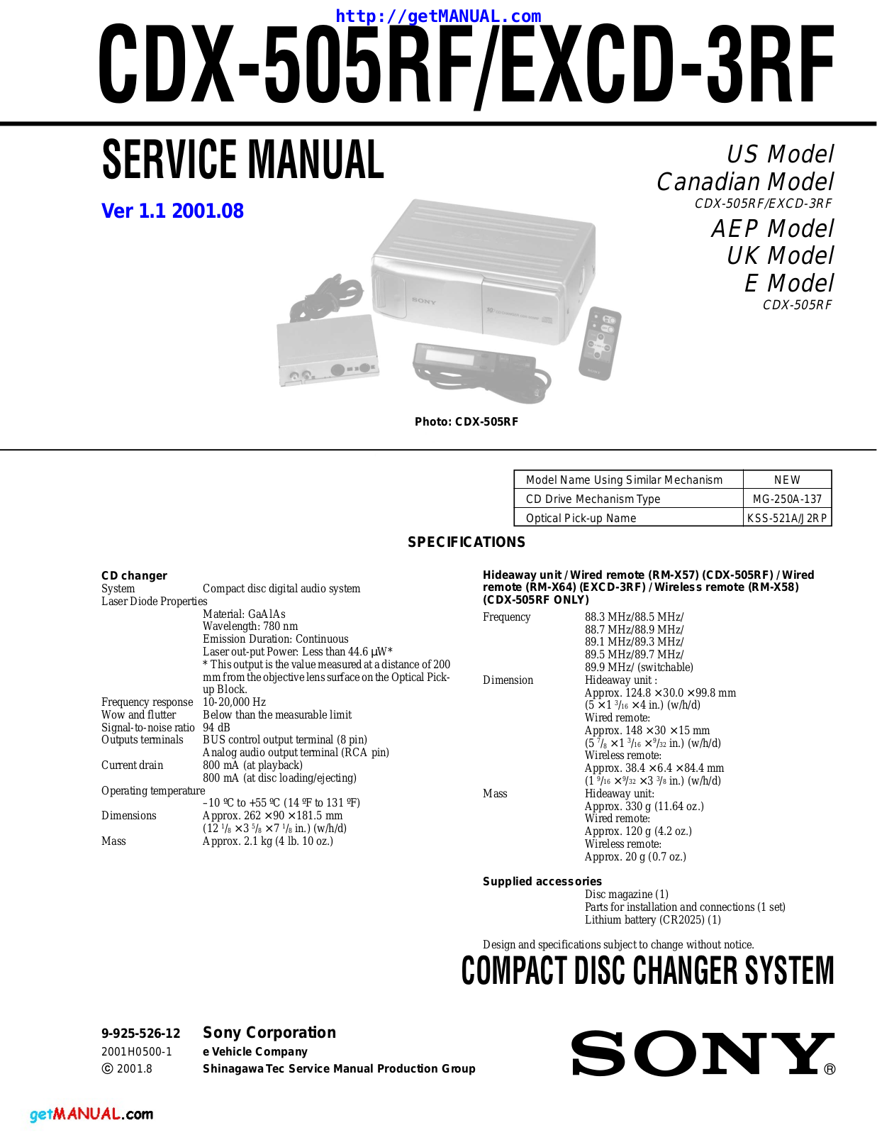 Sony CDX-505RF, CDX-EXCD-3RF Service Manual