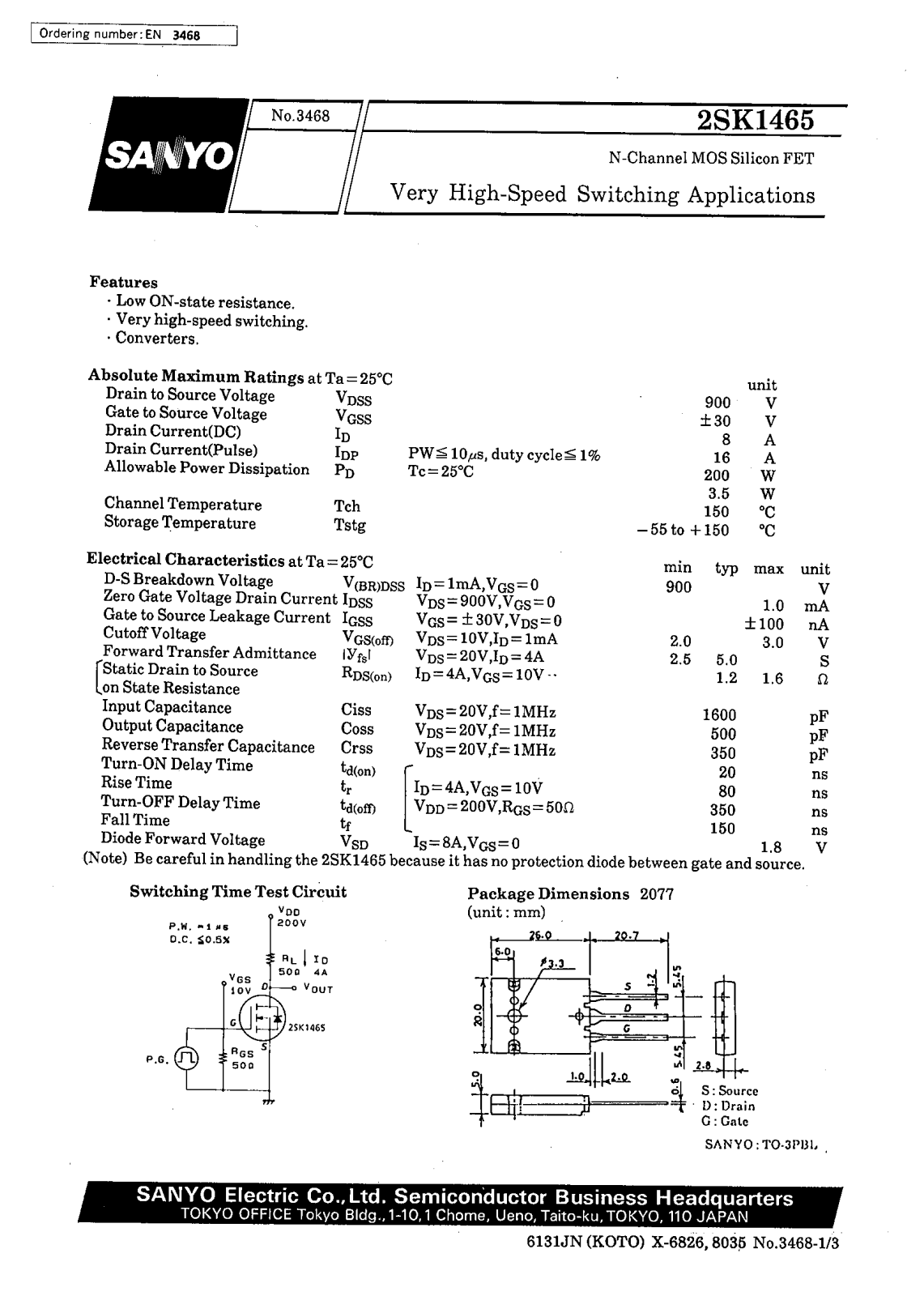 SANYO 2SK1465 Datasheet