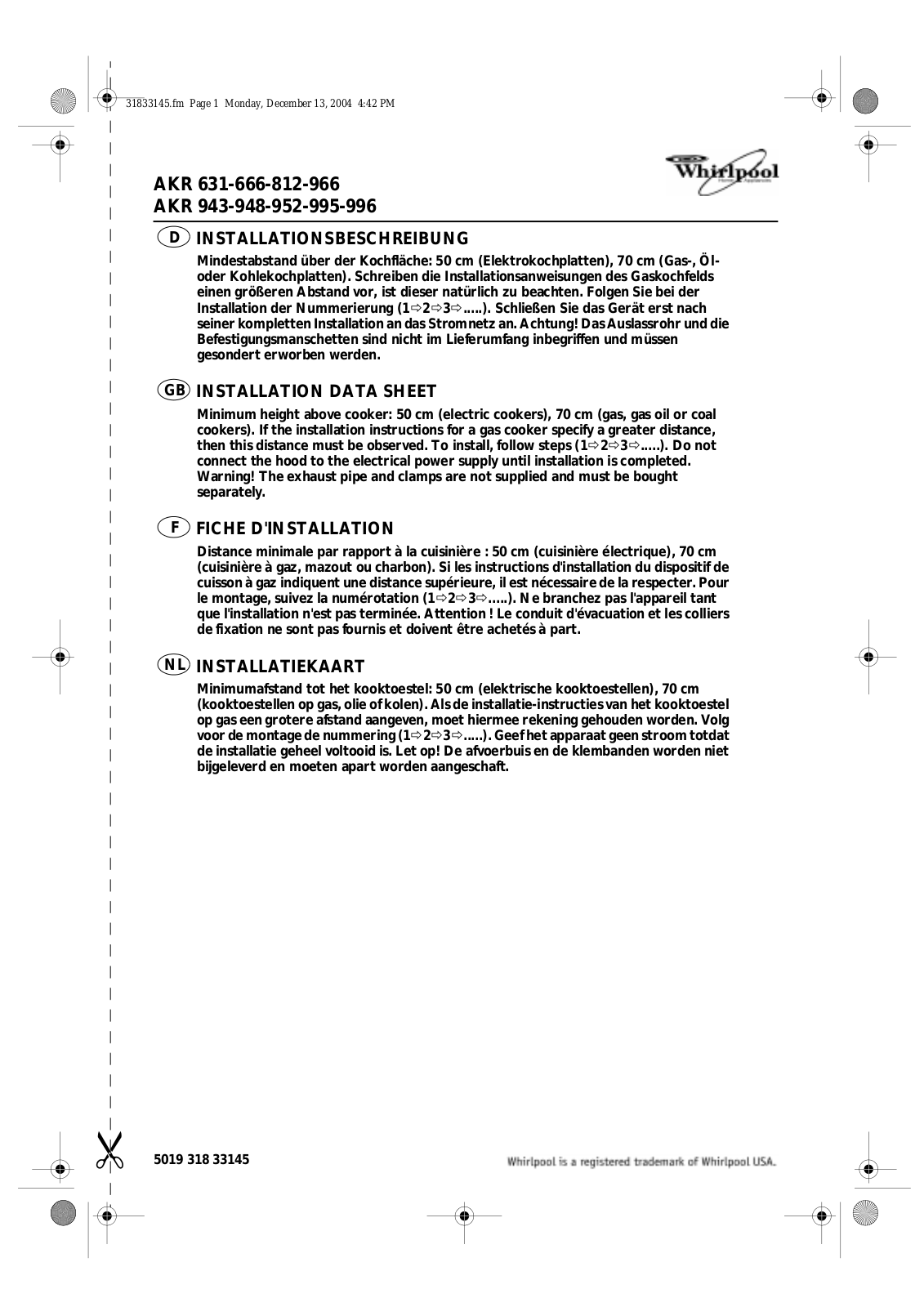 WHIRLPOOL AKR996 User Manual