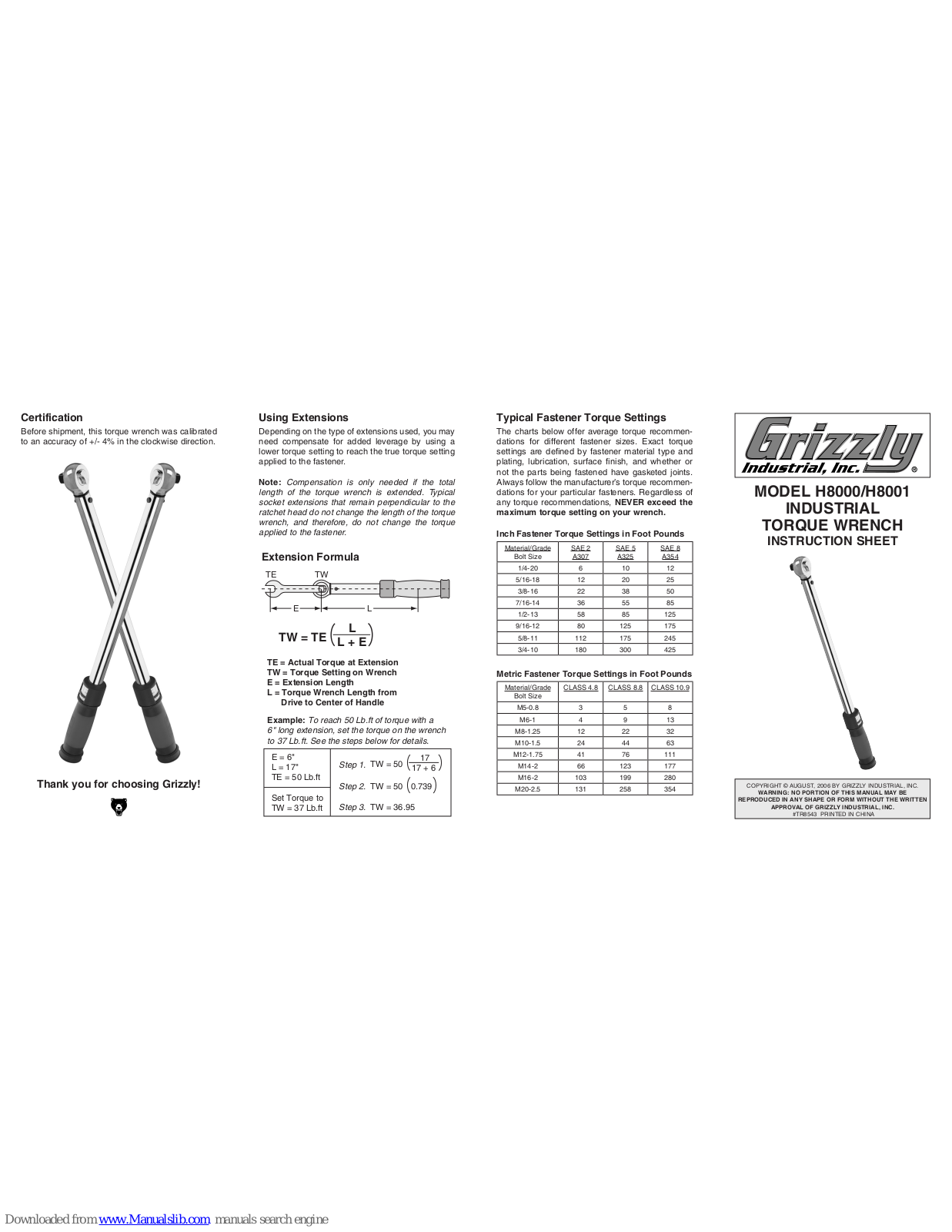 Grizzly H8001 Instruction Sheet
