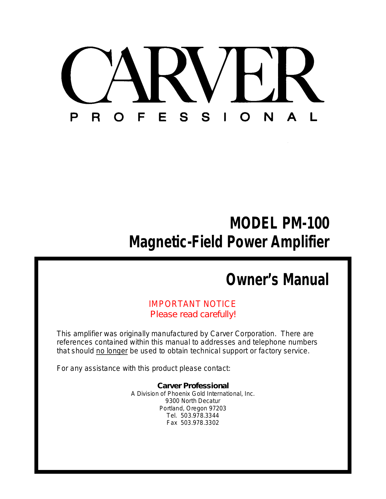 Carver Professional PM-100 Owners manual